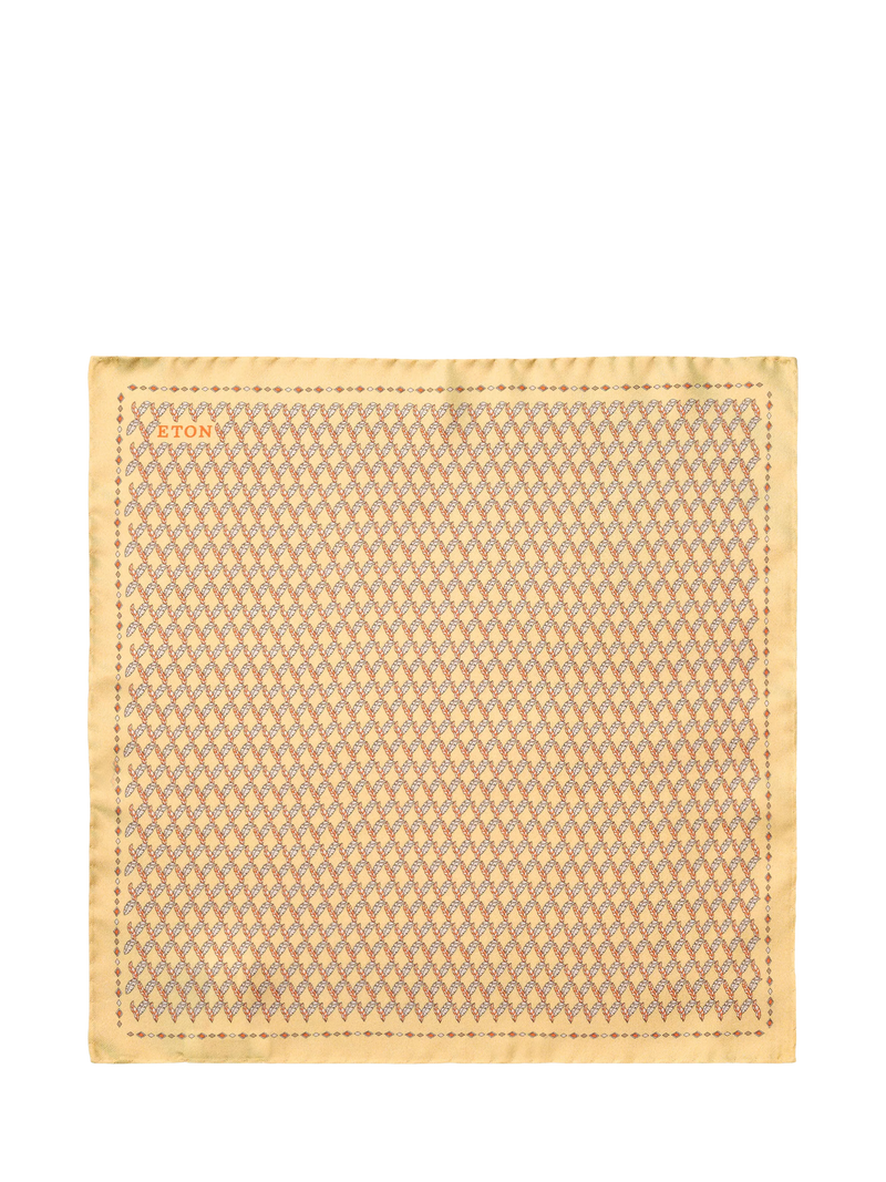Eton silk twill leaf motif pocket square yellow, imported from the UK
