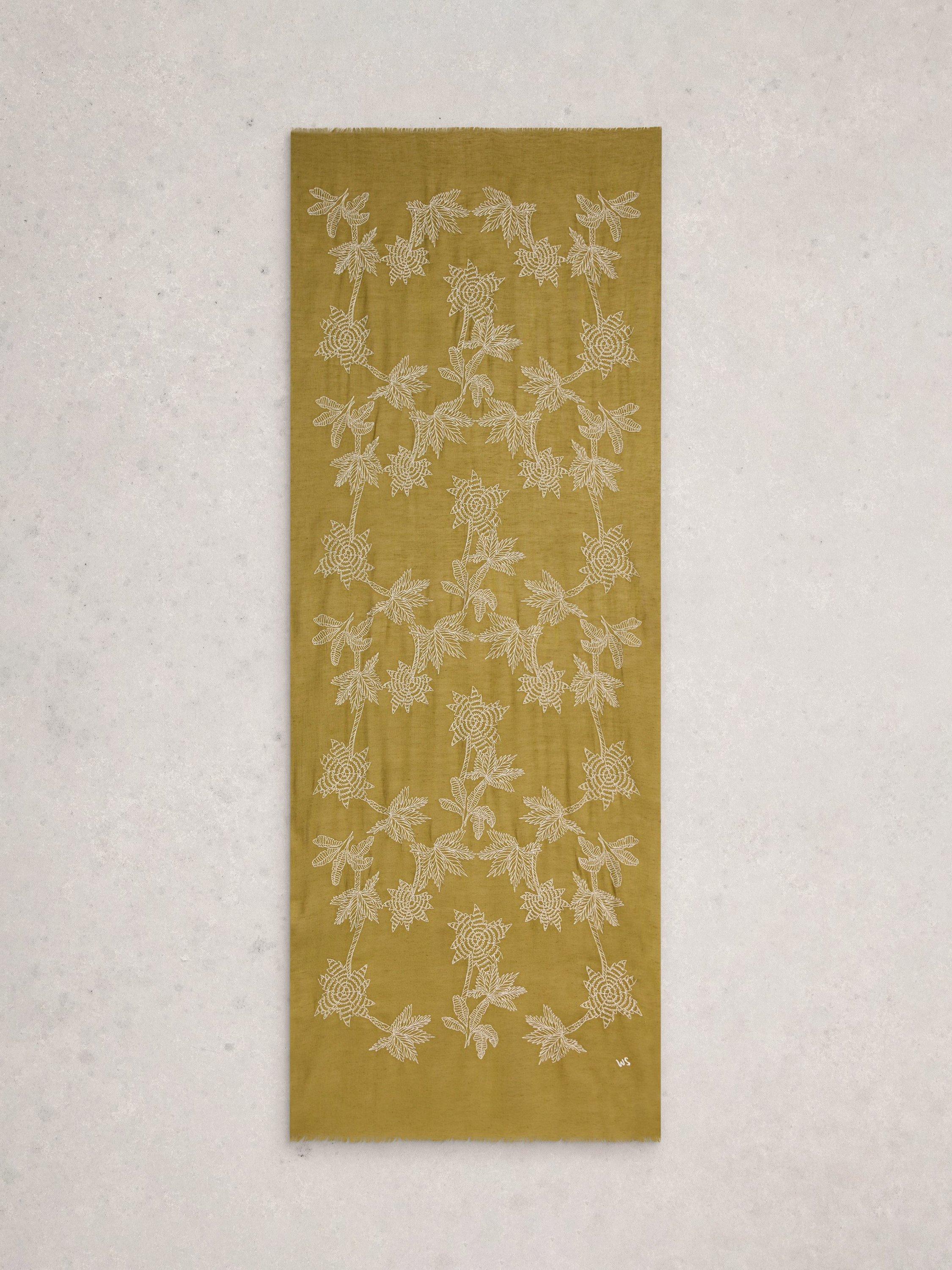 White Stuff embroidered scarf green organic cotton blend, imported from the UK