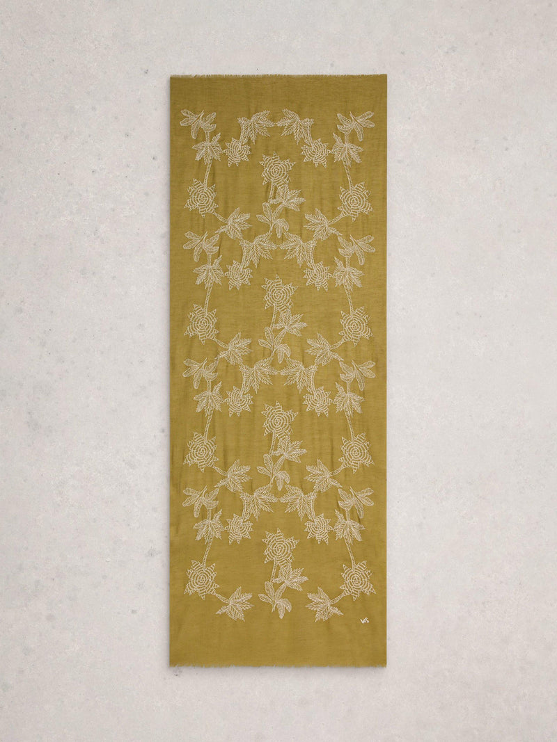 White Stuff embroidered scarf green organic cotton blend, imported from the UK