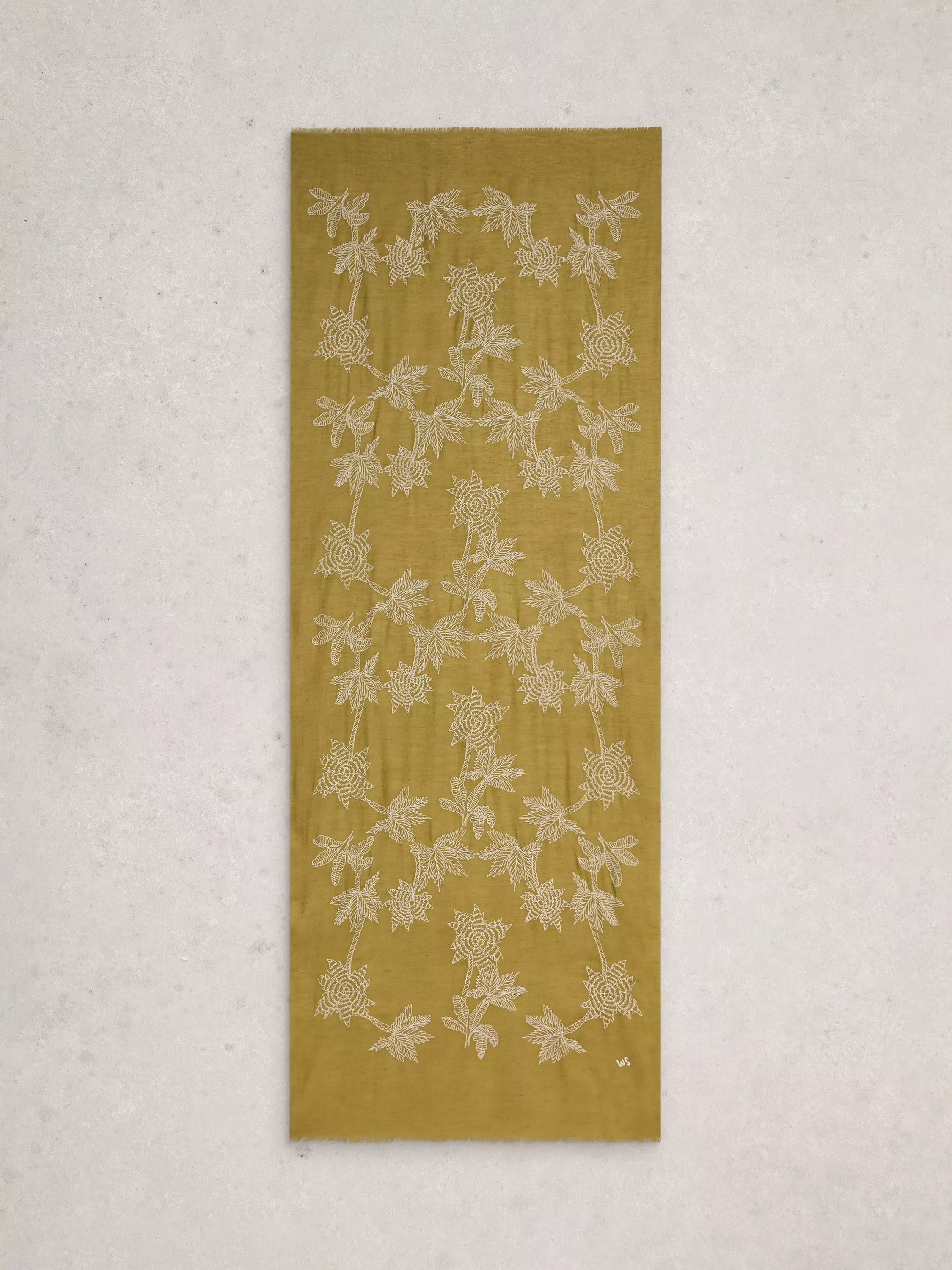 White Stuff embroidered scarf green organic cotton blend, imported from the UK