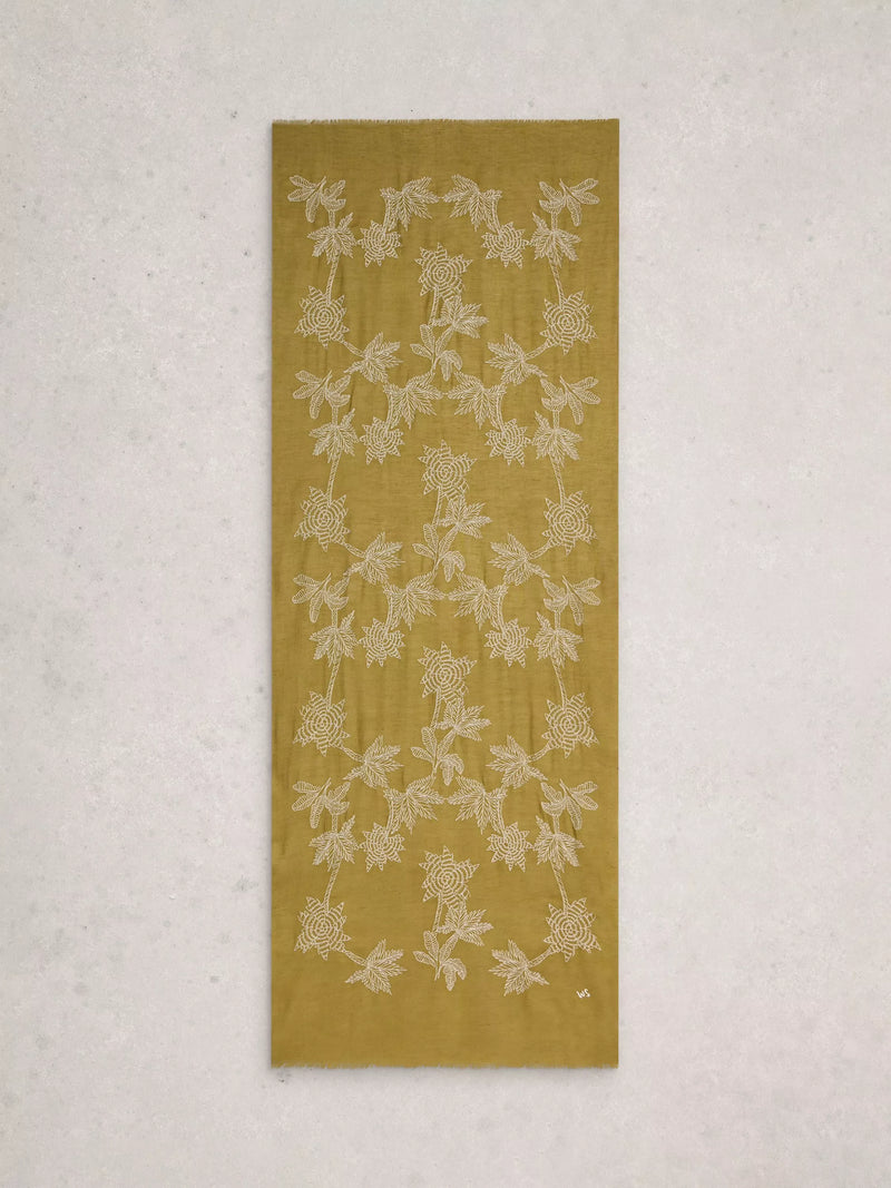White Stuff embroidered scarf green organic cotton blend, imported from the UK