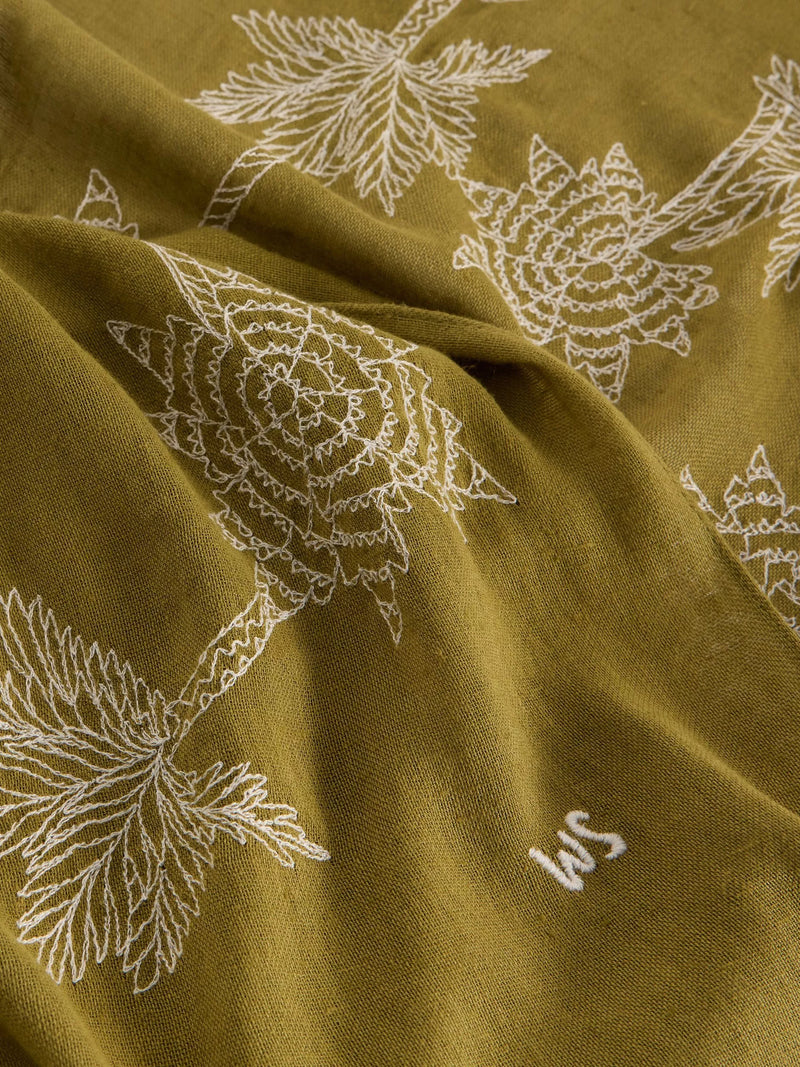 White Stuff embroidered scarf green organic cotton blend, imported from the UK