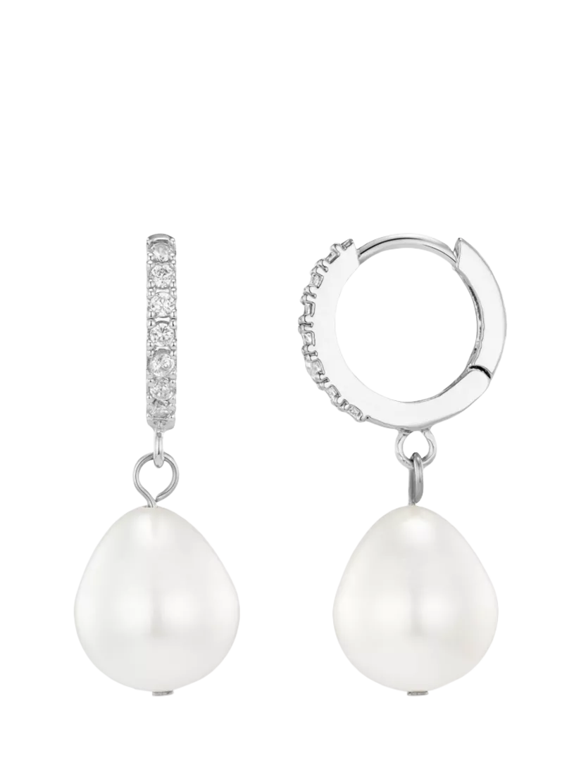 Orelia drop huggie hoop earrings in pearl and silver, UK version