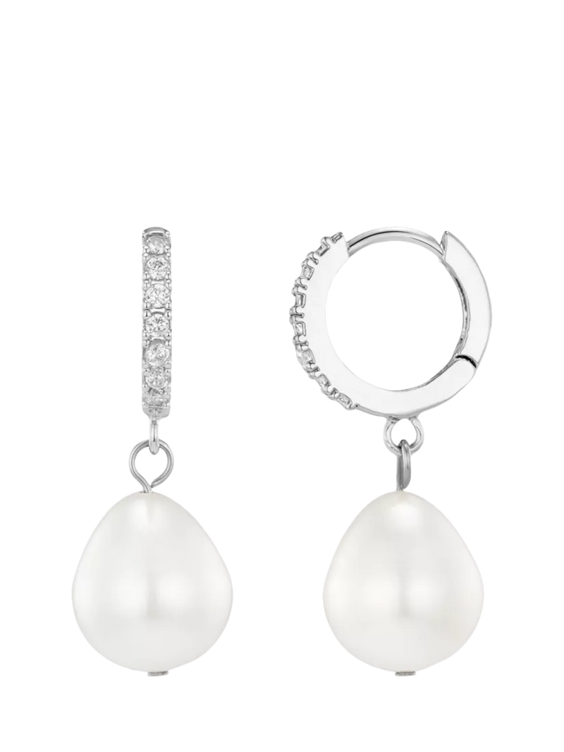 Orelia drop huggie hoop earrings in pearl and silver, UK version