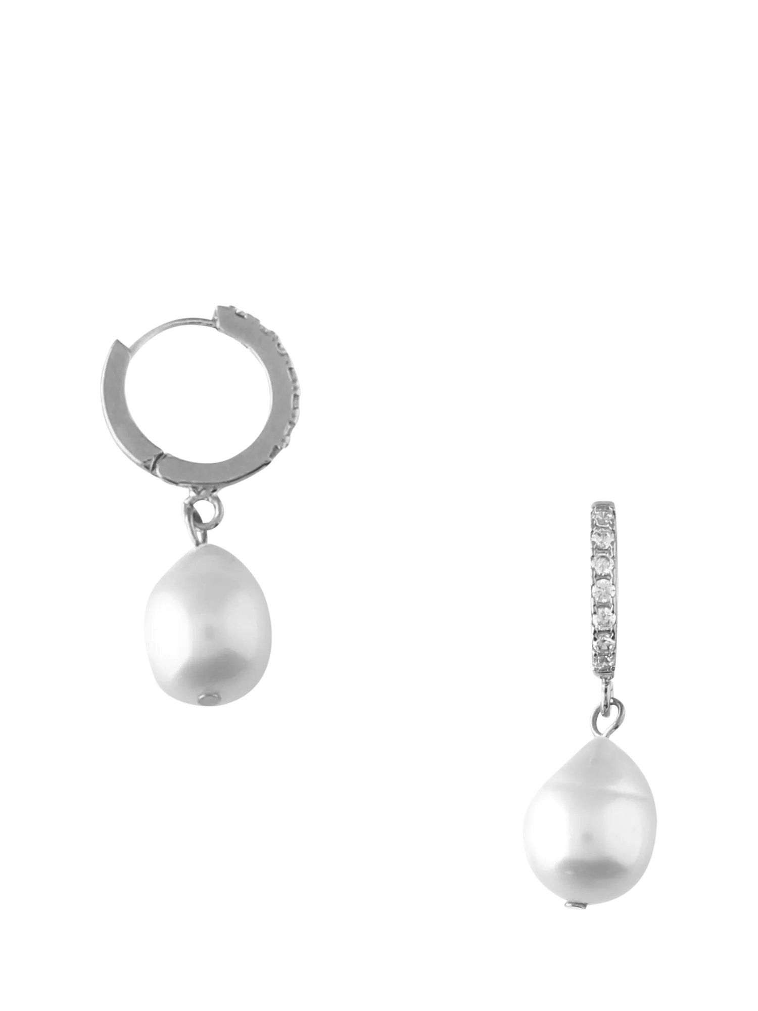 Orelia drop huggie hoop earrings in pearl and silver, UK version