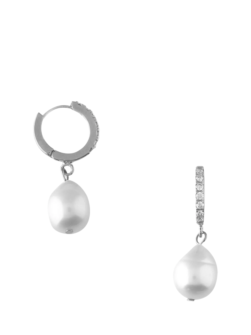 Orelia drop huggie hoop earrings in pearl and silver, UK version