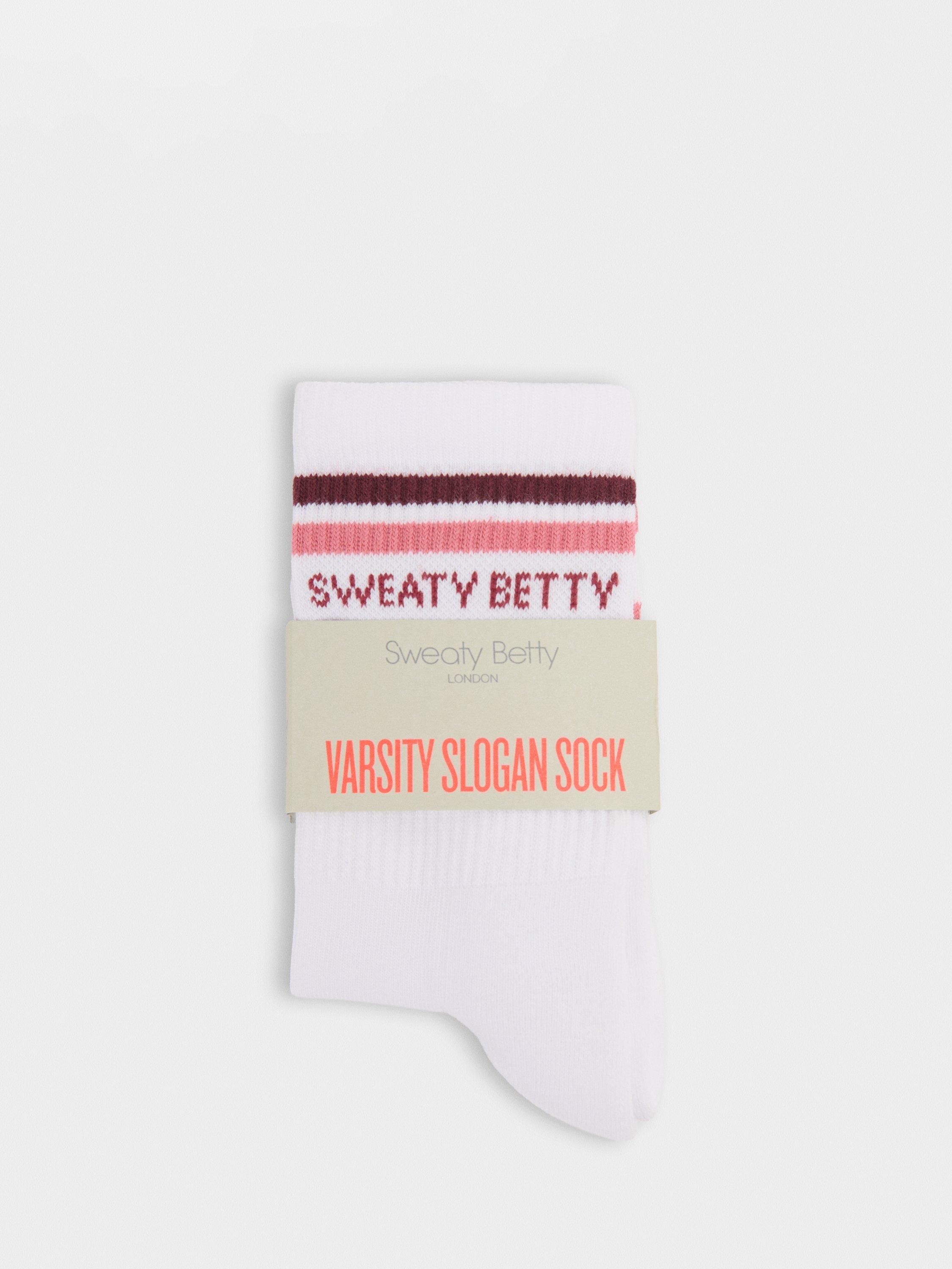 Sweaty Betty Varsity Slogan Sports Socks White/Melrose Pink, imported from the UK