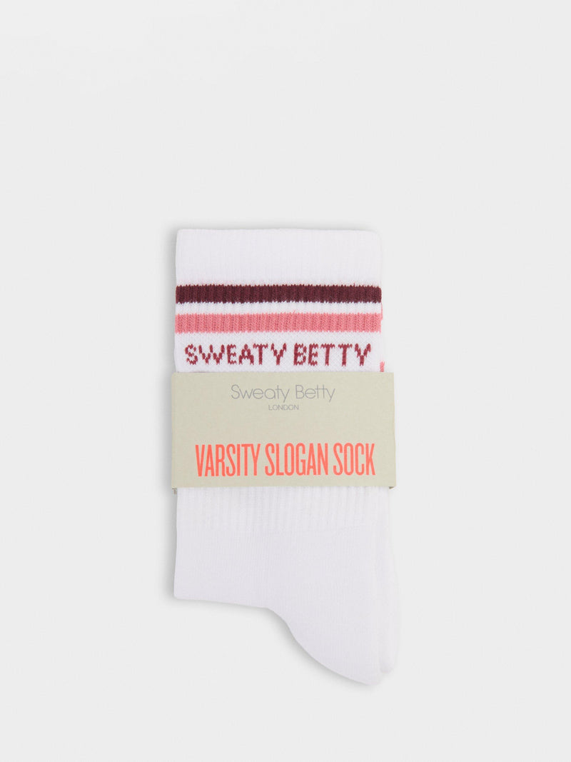 Sweaty Betty Varsity Slogan Sports Socks White/Melrose Pink, imported from the UK