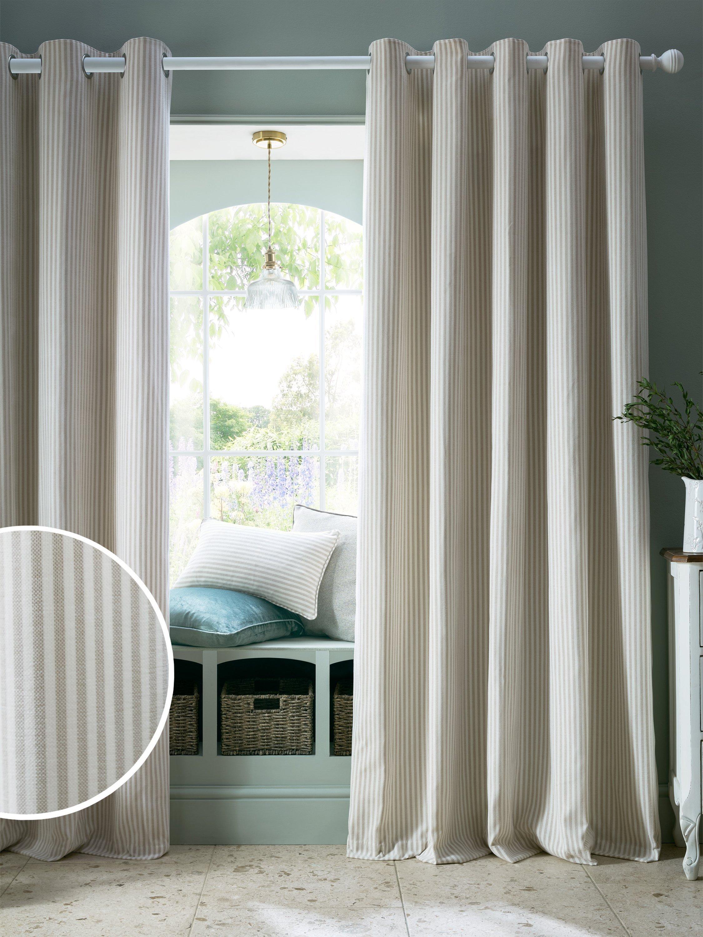 Laura Ashley Cornish Chenille Stripe Natural lined eyelet curtains W112x137cm, UK version