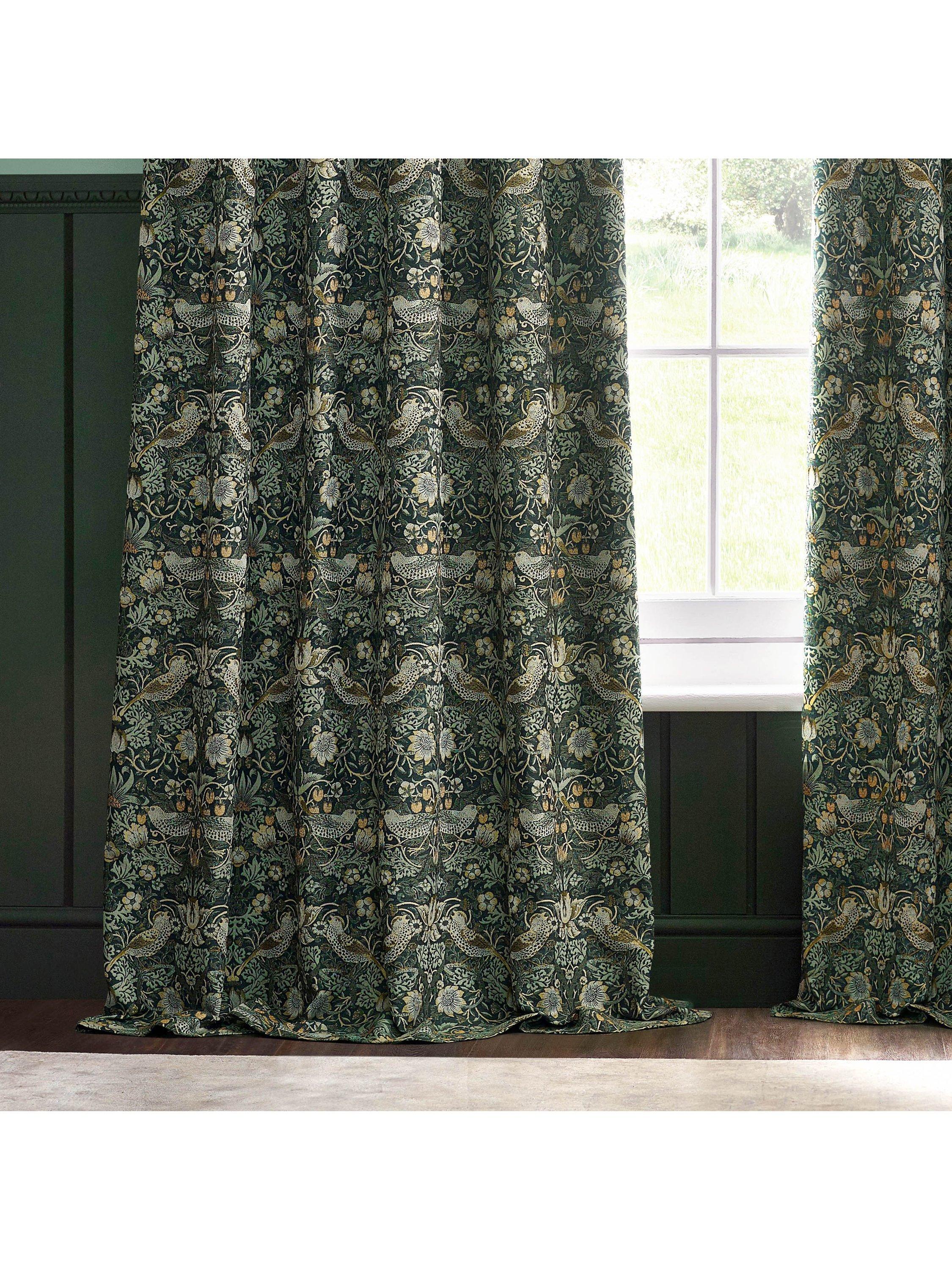 Morris & Co Strawberry Thief curtains in forest green - British product