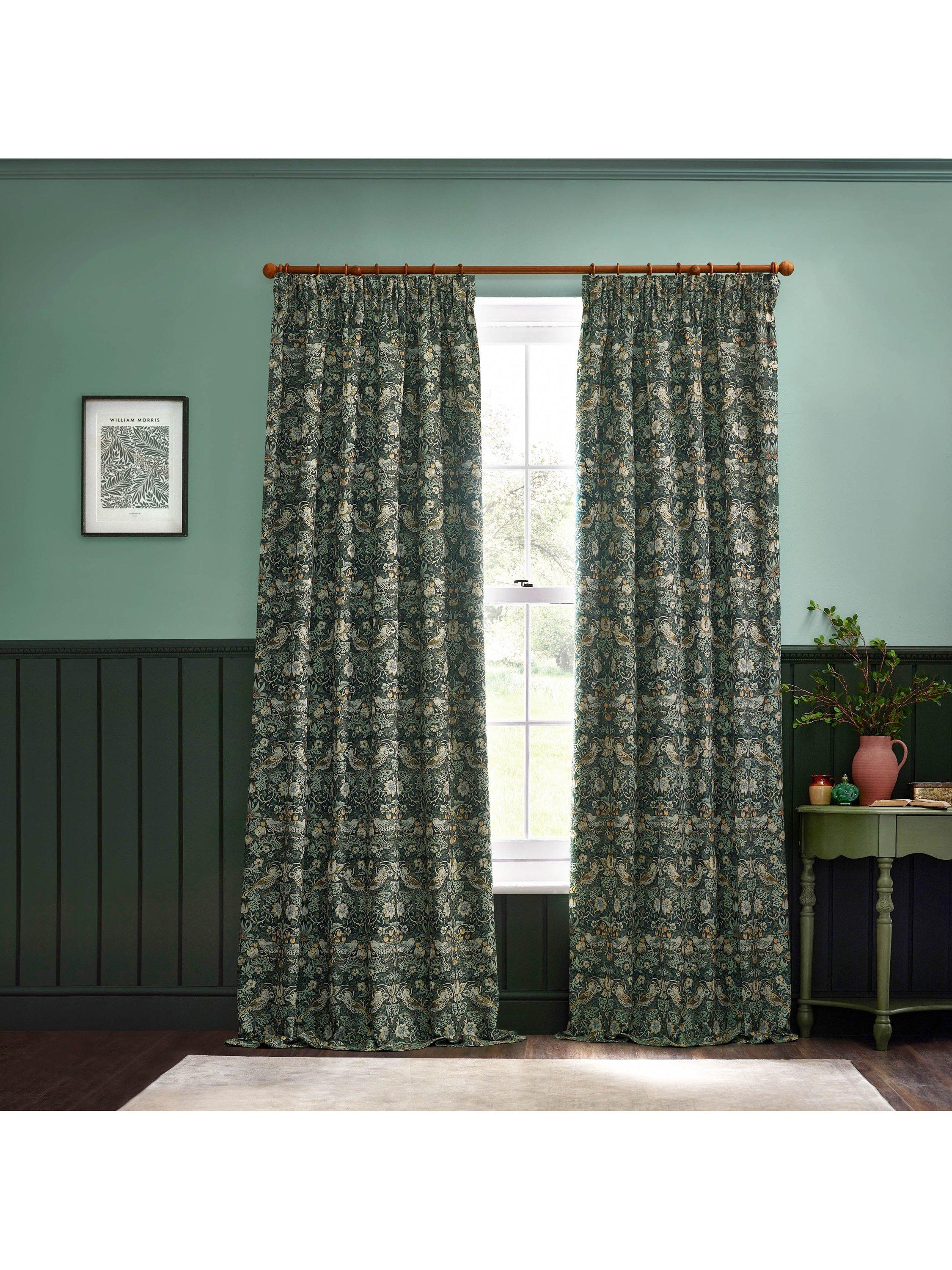 Morris & Co Strawberry Thief curtains in forest green - British product