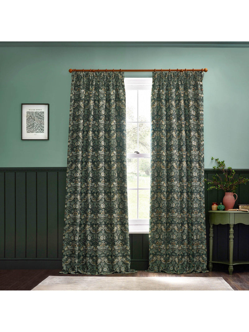 Morris & Co Strawberry Thief curtains in forest green - British product