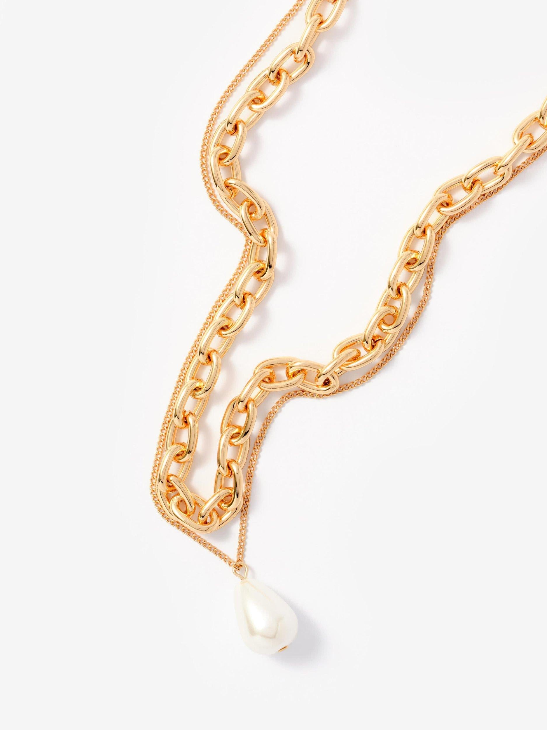 Mint Velvet gold double layer chain necklace with pearl drop, UK version