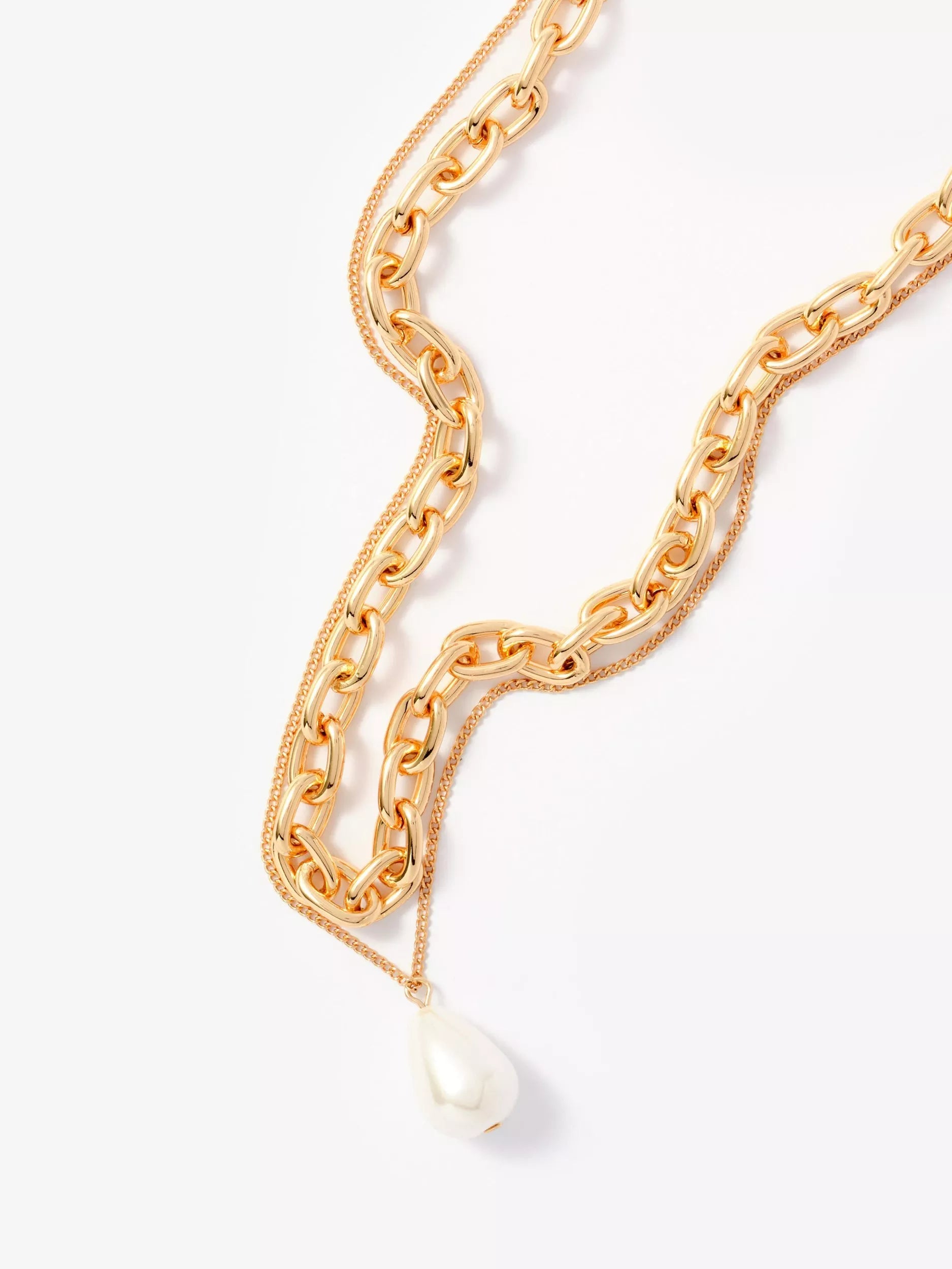 Mint Velvet gold double layer chain necklace with pearl drop, UK version