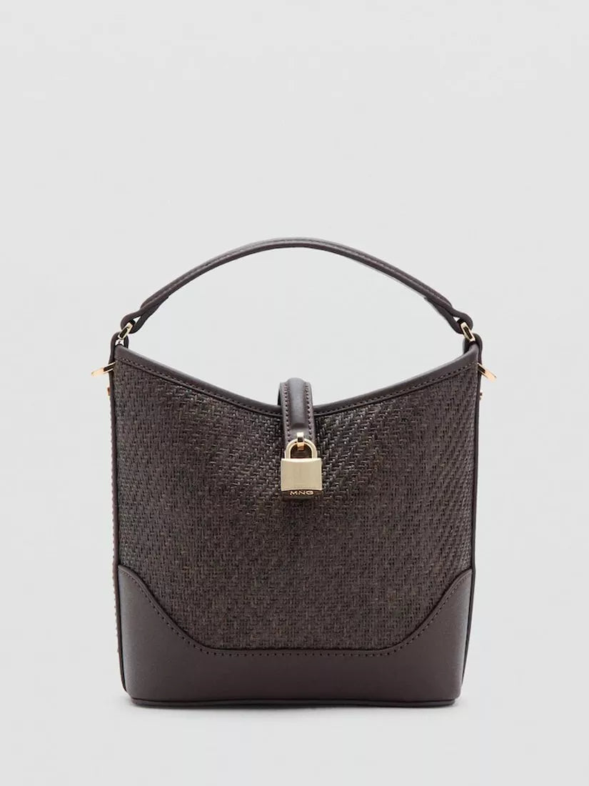 Mango woven raffia bucket bag chocolate, UK version
