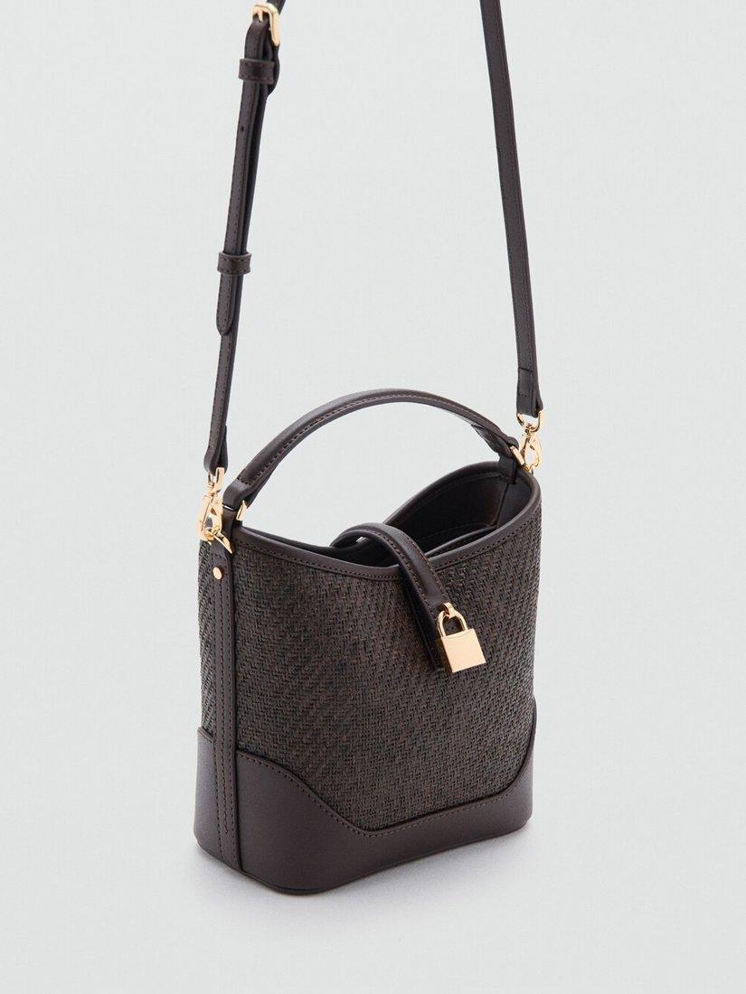 Mango woven raffia bucket bag chocolate, UK version