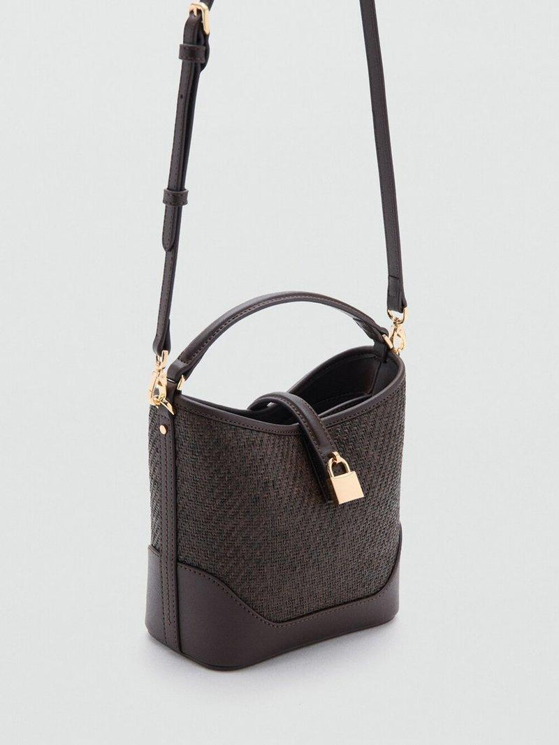Mango woven raffia bucket bag chocolate, UK version