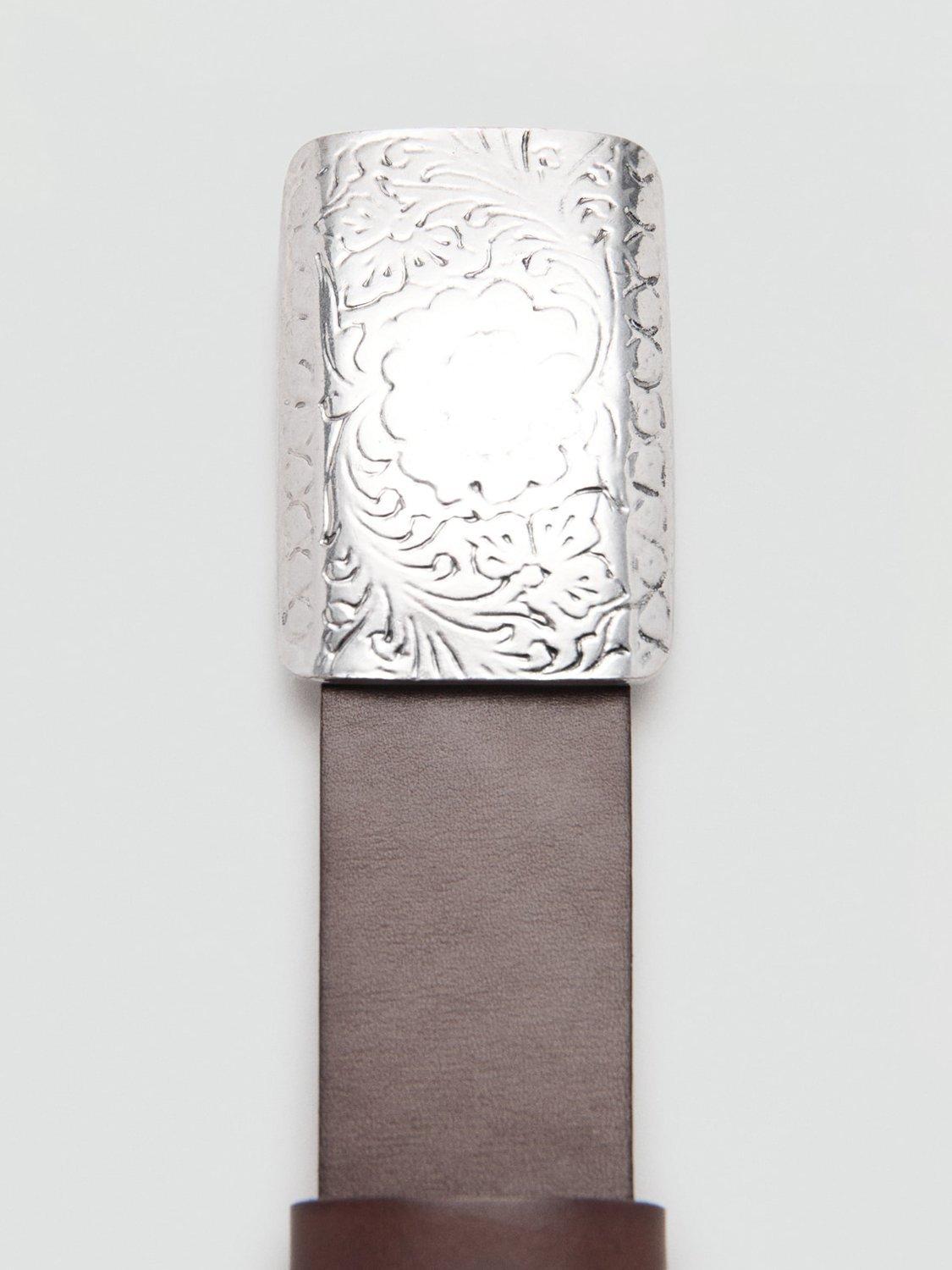 Mango leather belt chocolate engraved buckle, UK version