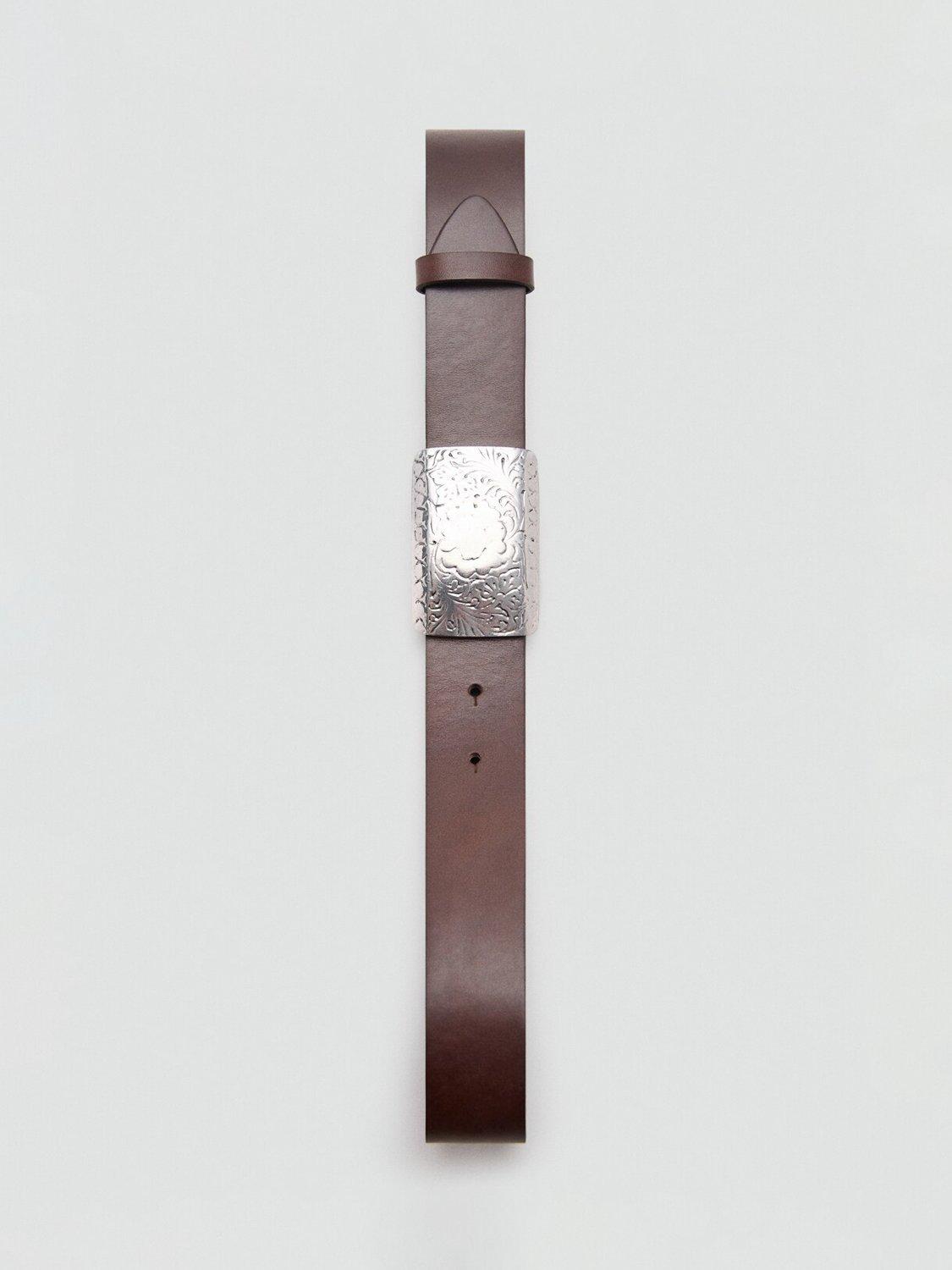 Mango leather belt chocolate engraved buckle, UK version