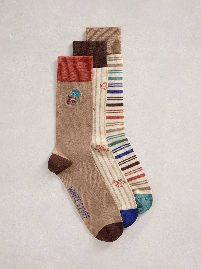 White Stuff Embroidered Cotton Rich Ankle Socks, Pack of 3, Natural/Multi, 7-8.5