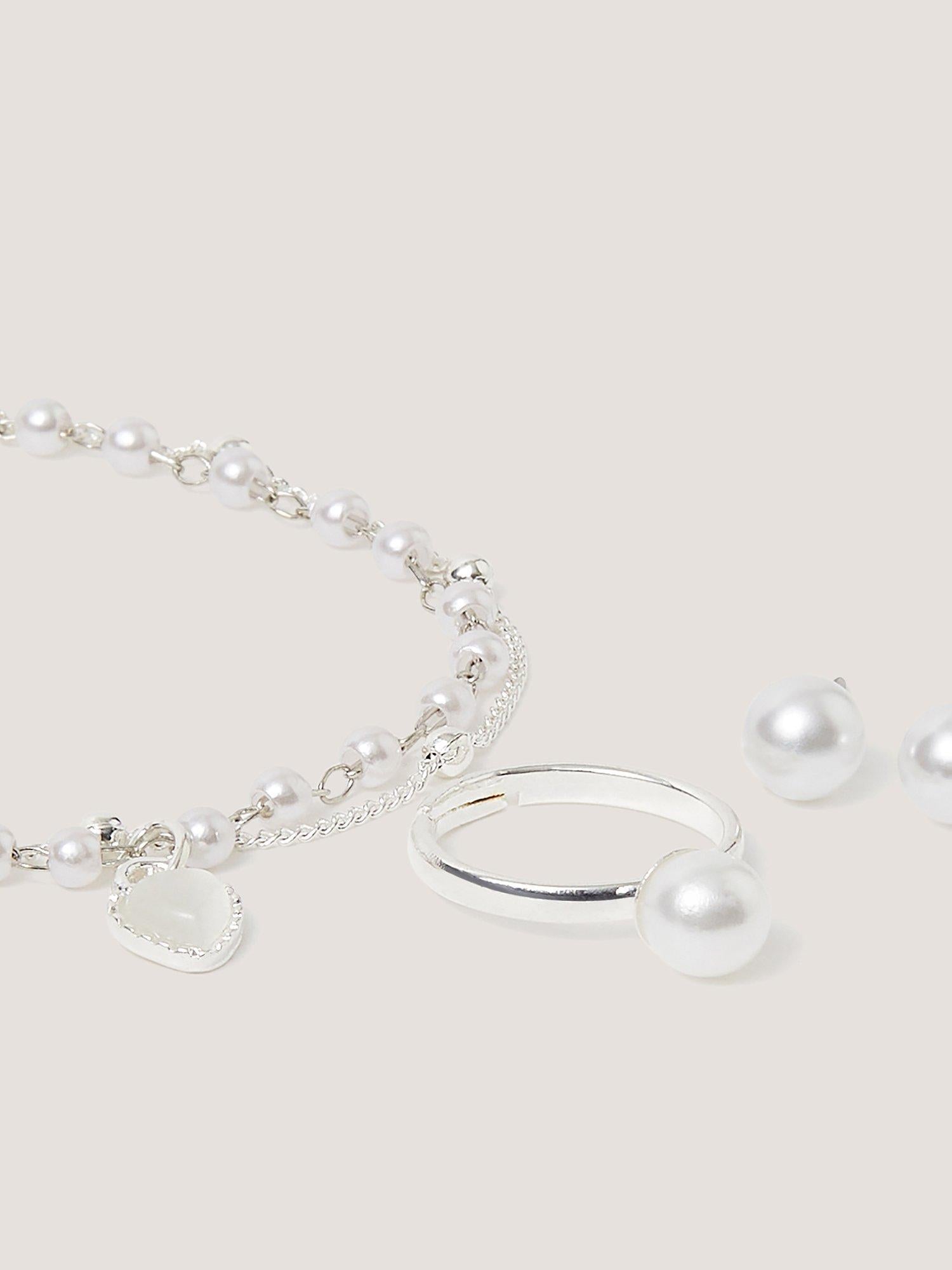 Monsoon kids pearl jewellery set bracelet ring earrings silver, UK version