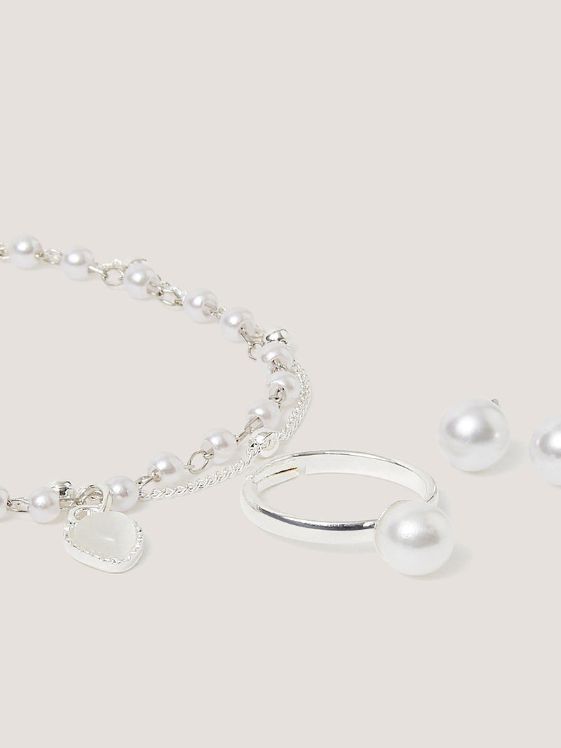 Monsoon kids pearl jewellery set bracelet ring earrings silver, UK version