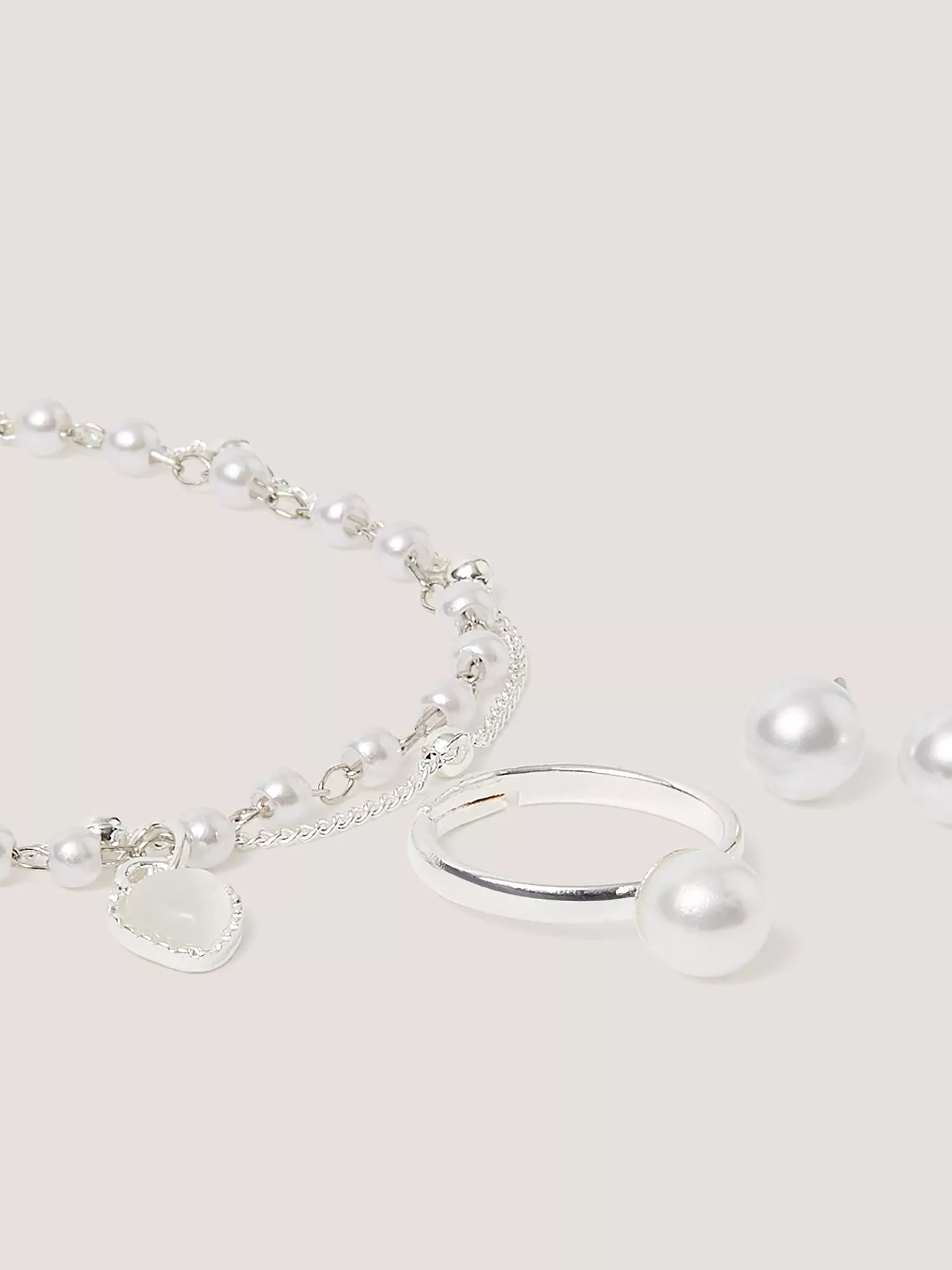 Monsoon kids pearl jewellery set bracelet ring earrings silver, UK version
