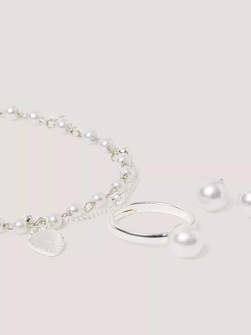 Monsoon kids pearl jewellery set bracelet ring earrings silver, UK version