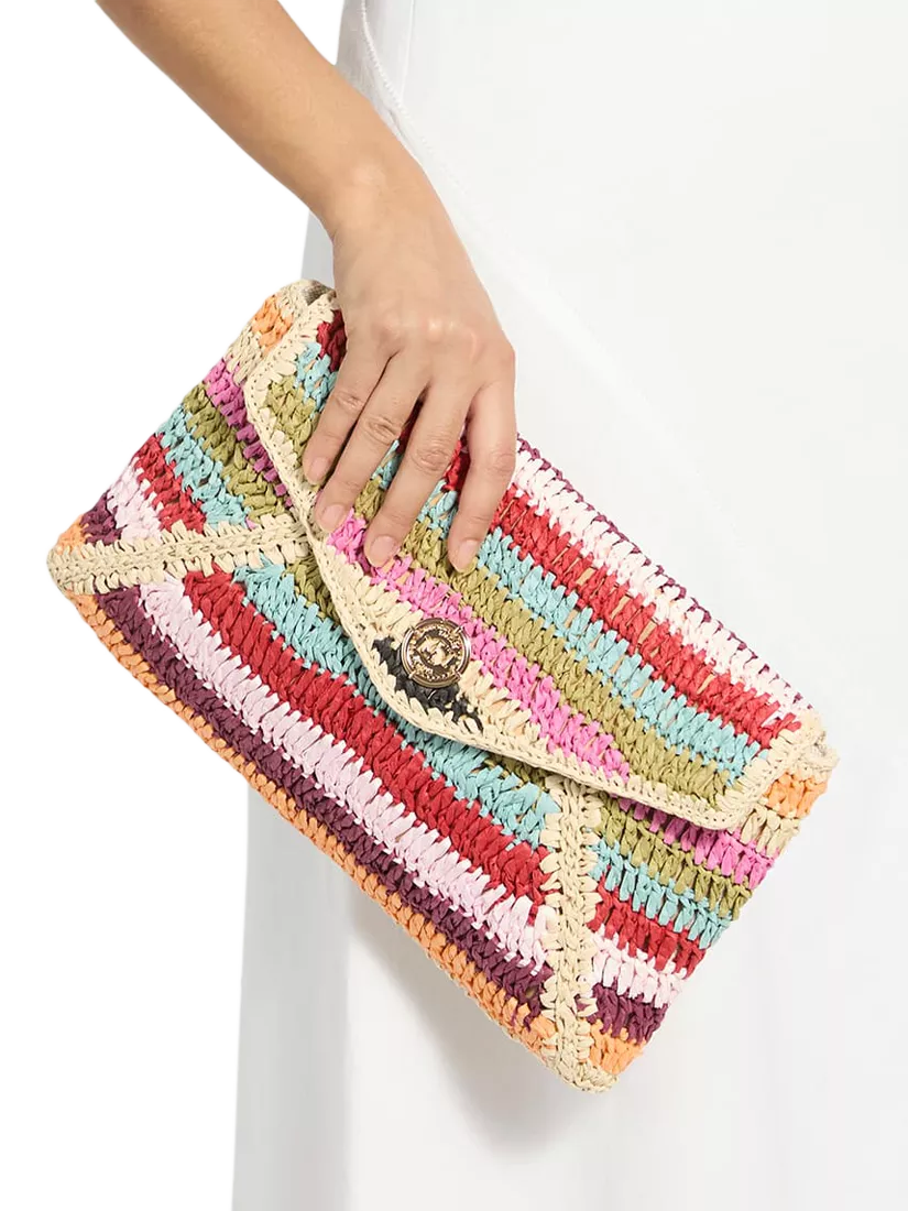 Dune London Essentials multicoloured raffia clutch bag with stripe, UK version