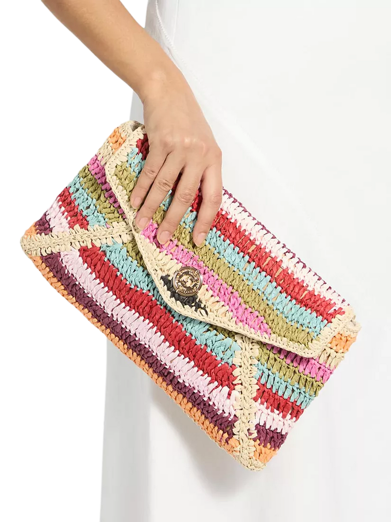 Dune London Essentials multicoloured raffia clutch bag with stripe, UK version