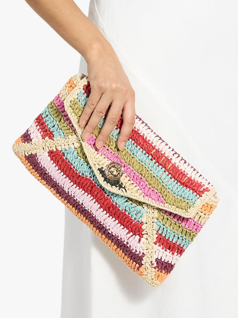 Dune London Essentials multicoloured raffia clutch bag with stripe, UK version