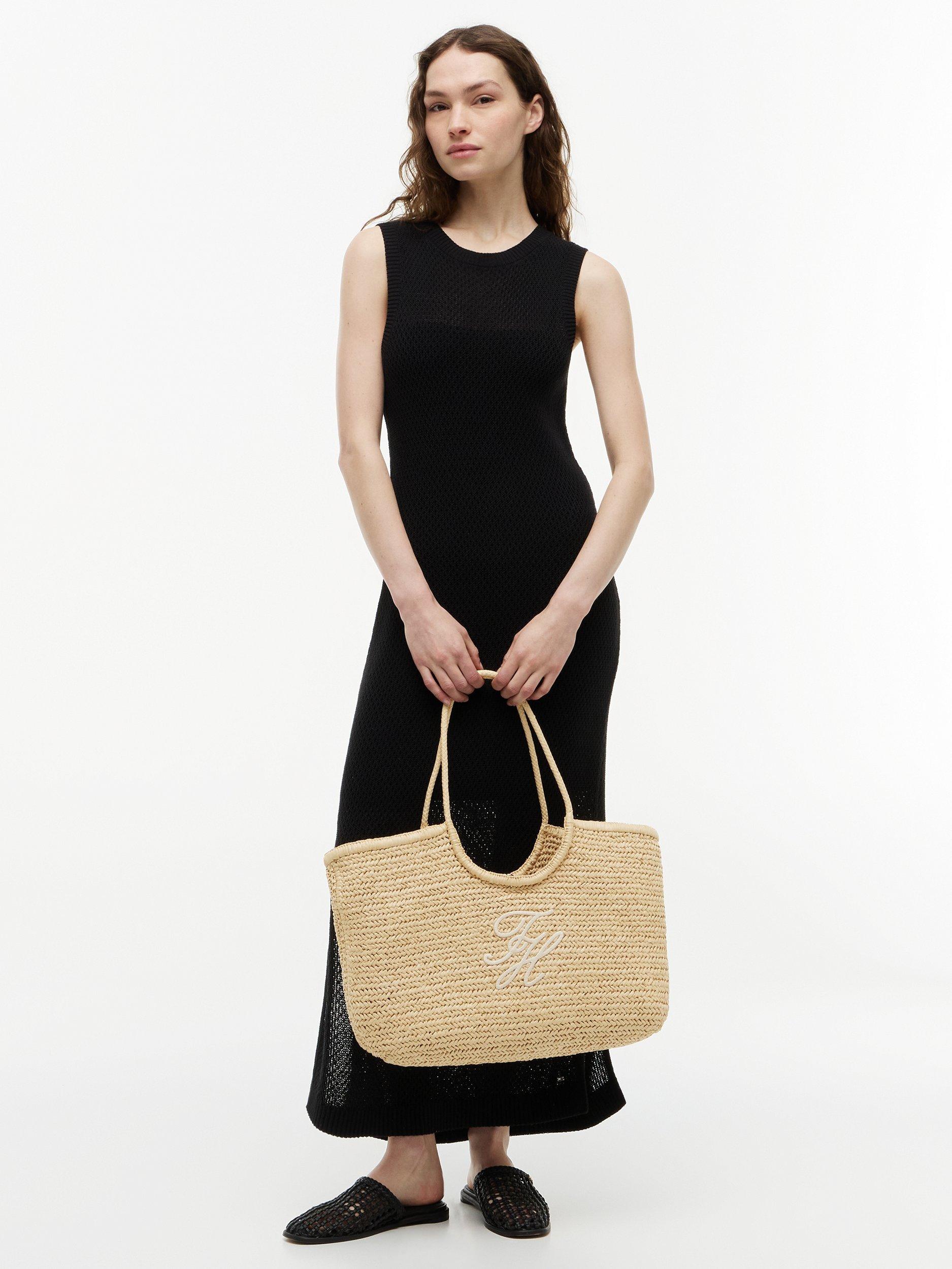 Tommy Hilfiger raffia textured logo tote bag cream, imported from the UK