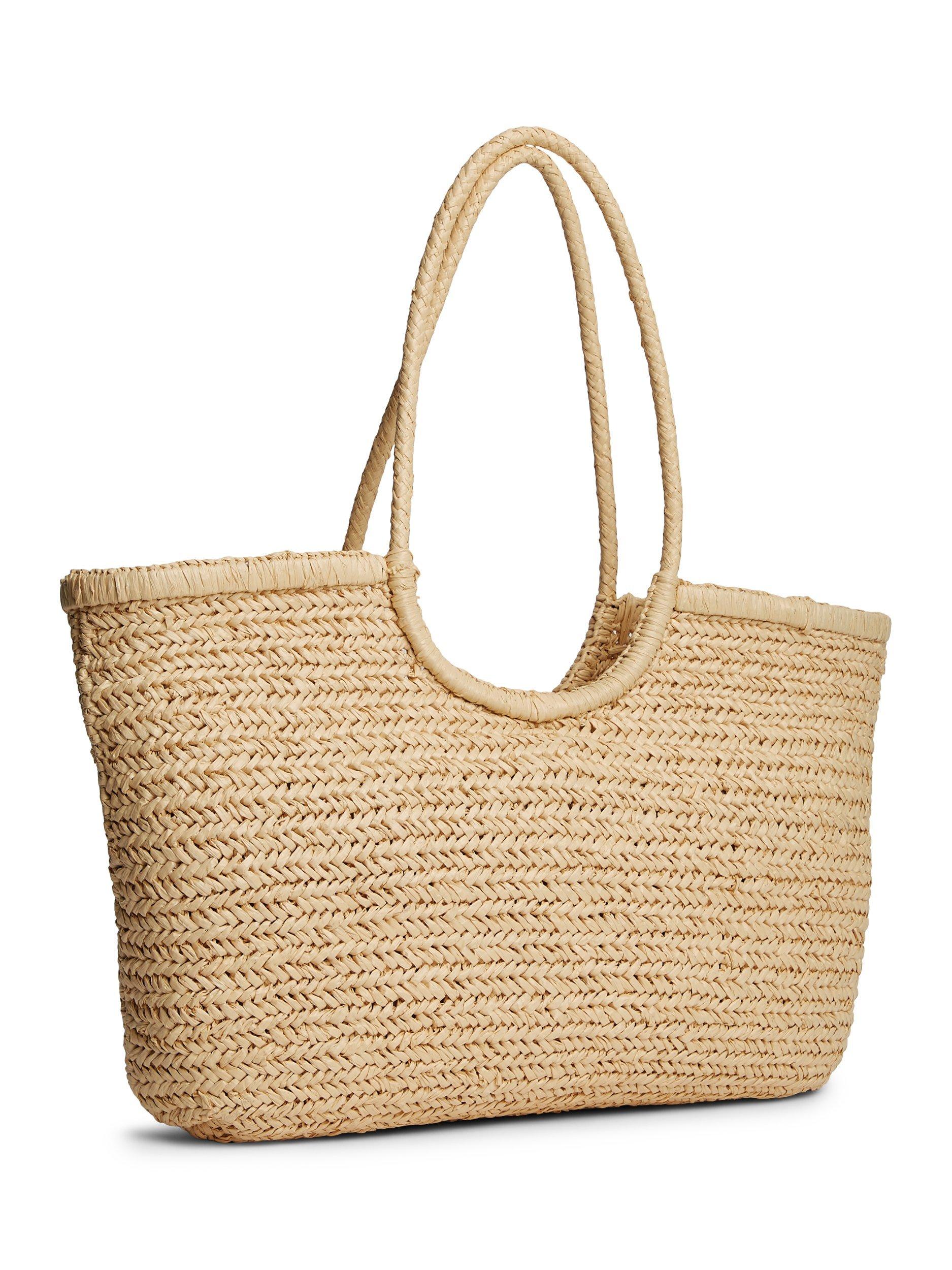 Tommy Hilfiger raffia textured logo tote bag cream, imported from the UK