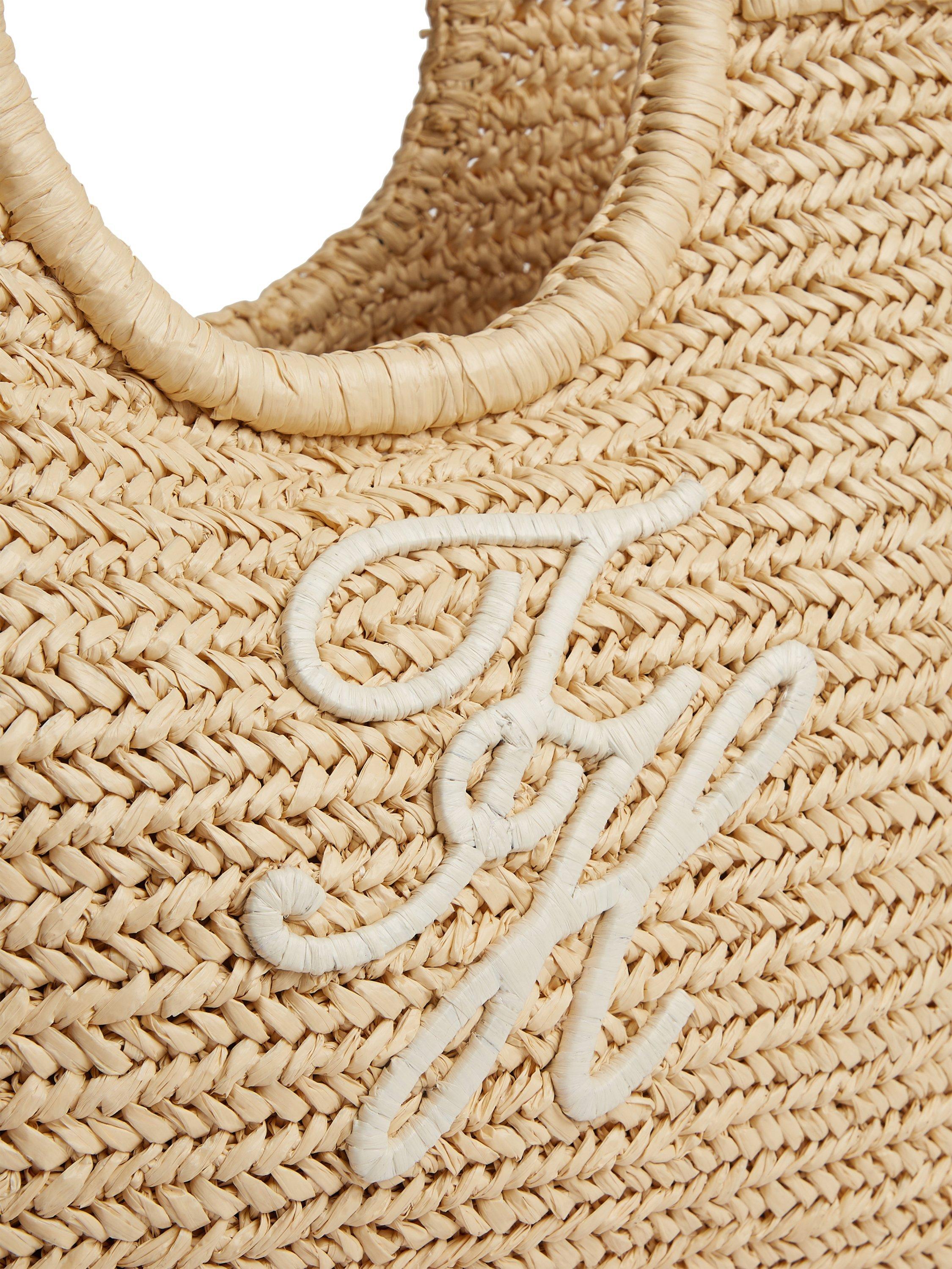 Tommy Hilfiger raffia textured logo tote bag cream, imported from the UK