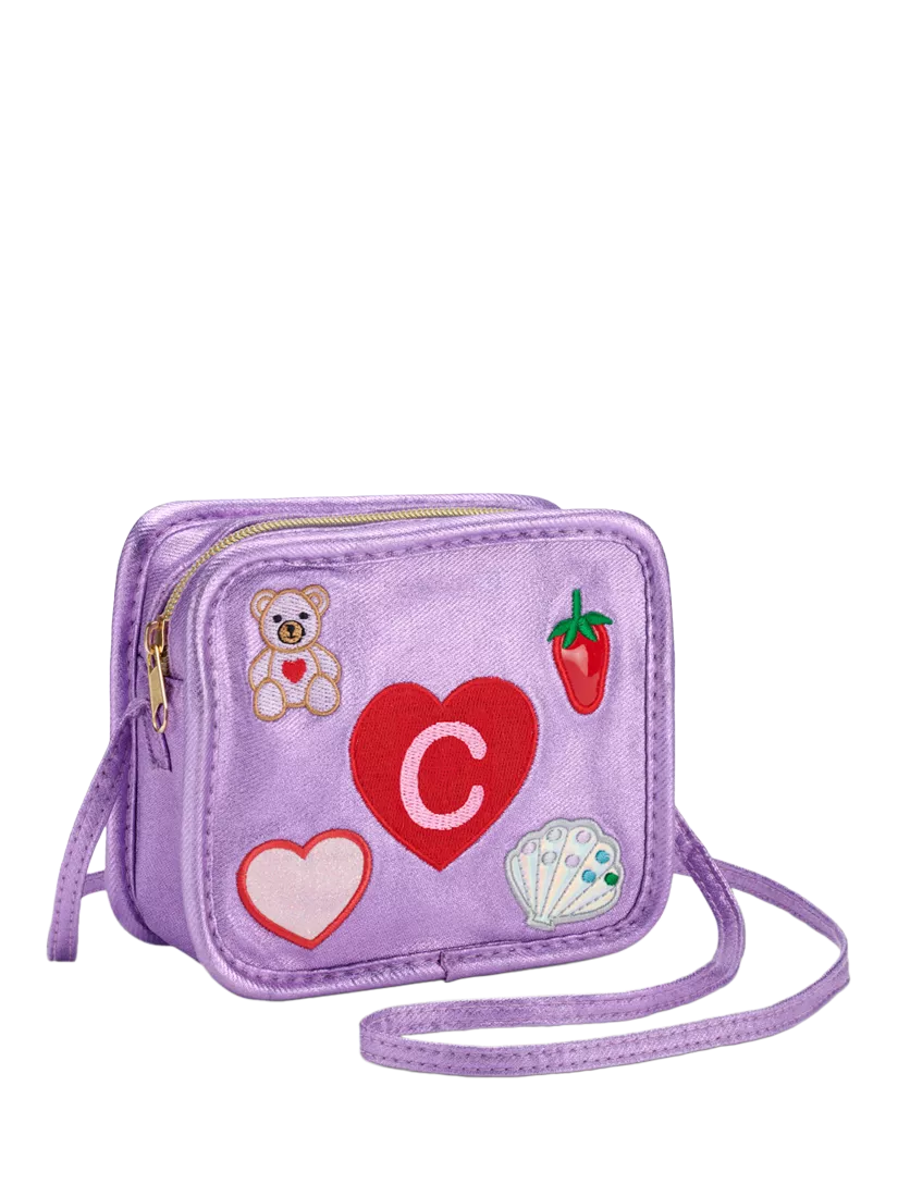 Stych kids crossbody bag in purple with teddy and heart pattern (British brand)