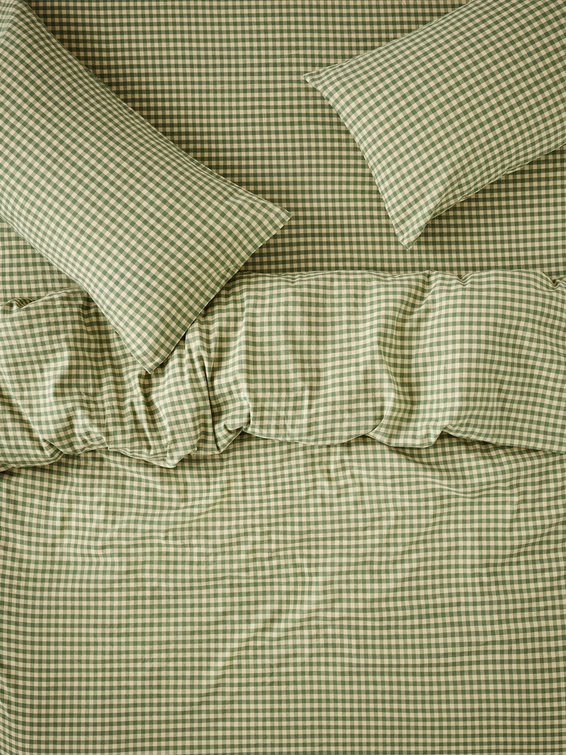 Piglet in Bed Colour Drench Gingham Linen Blend Bedding, Green/Butter Yellow, Super King Pillowcase, Pair