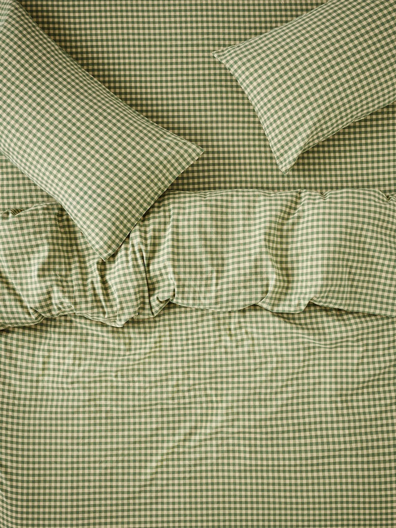 Piglet in Bed Colour Drench Gingham Linen Blend Bedding, Green/Butter Yellow, Super King Pillowcase, Pair