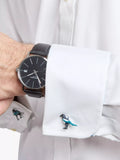 Simon Carter magpie cufflinks rhodium plated enamel, UK version