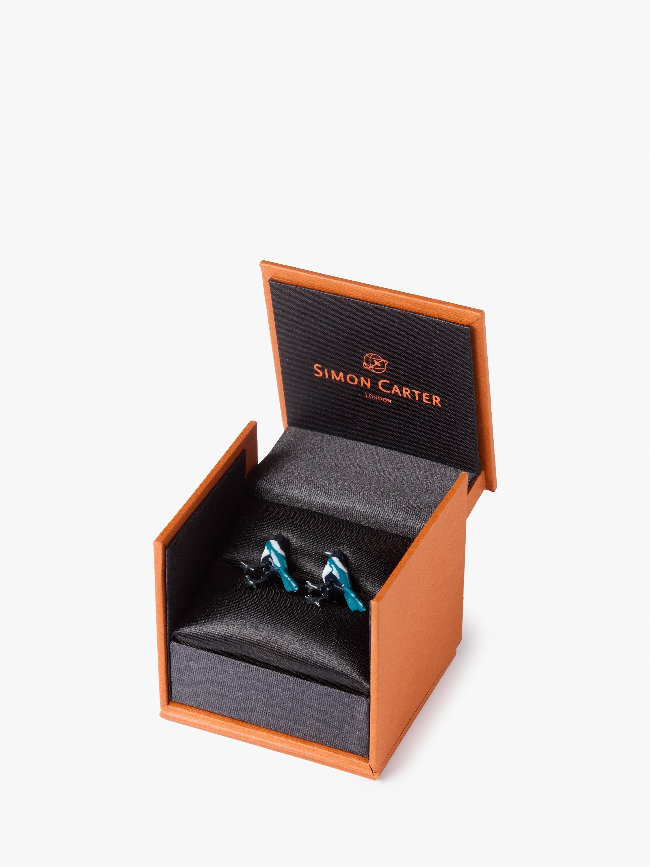Simon Carter magpie cufflinks rhodium plated enamel, UK version