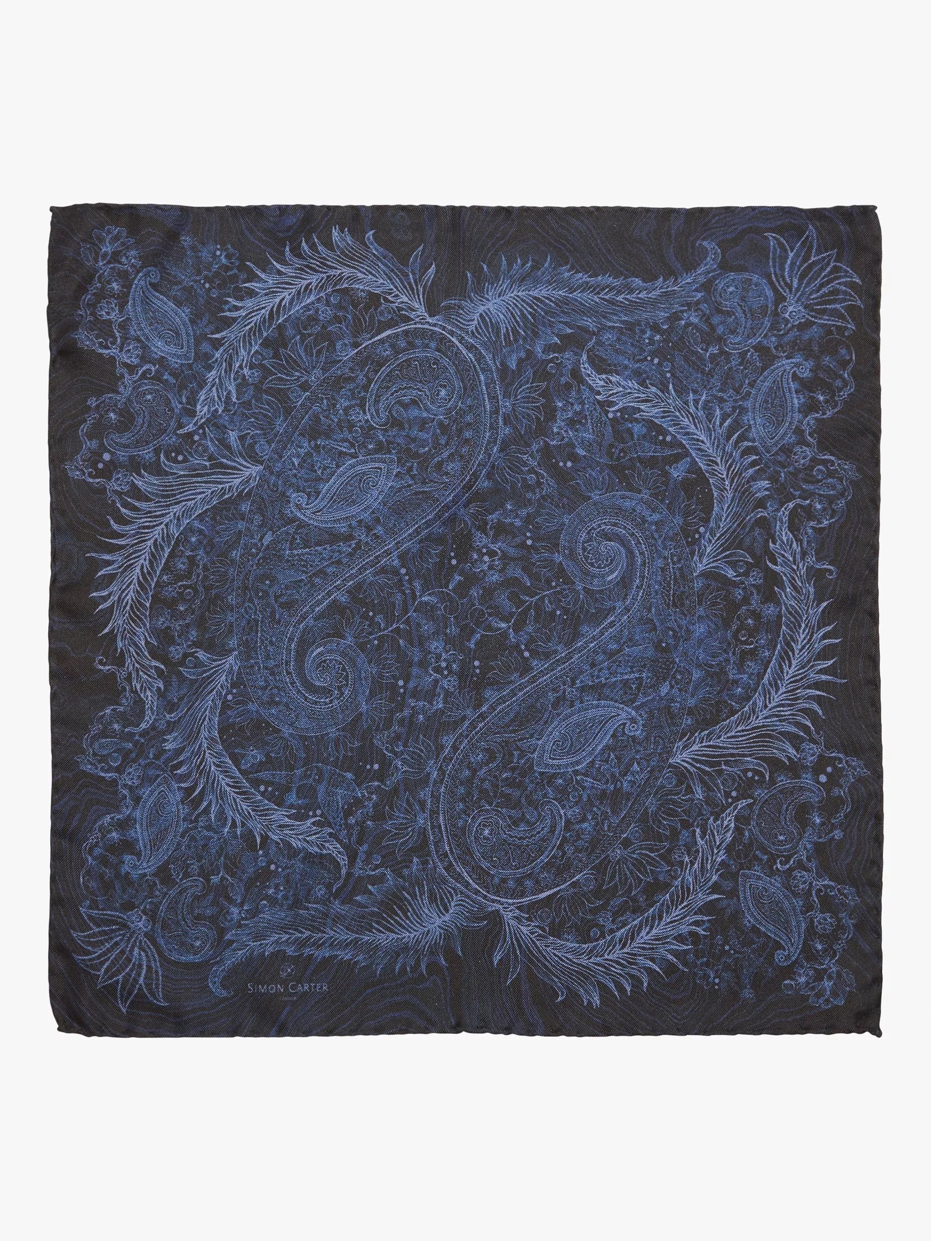 Simon Carter silk pocket square navy paisley pattern, imported from the UK