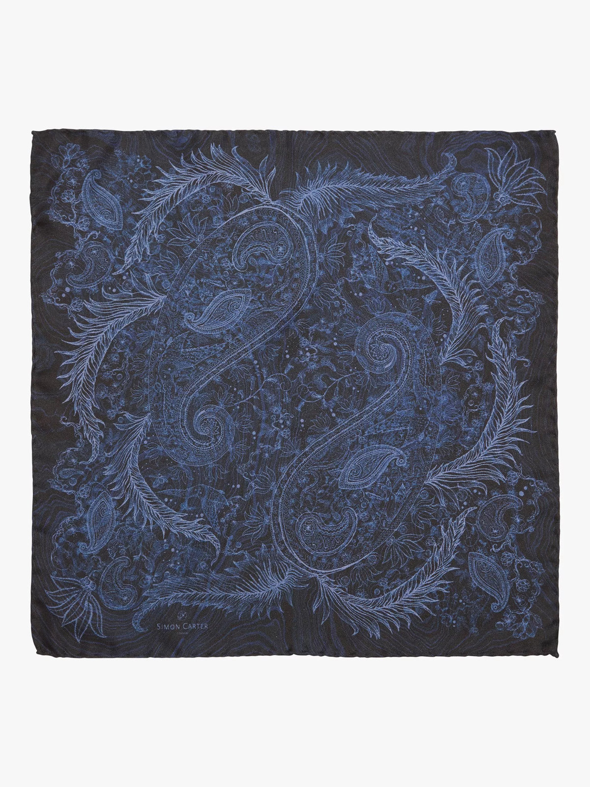 Simon Carter silk pocket square navy paisley pattern, imported from the UK
