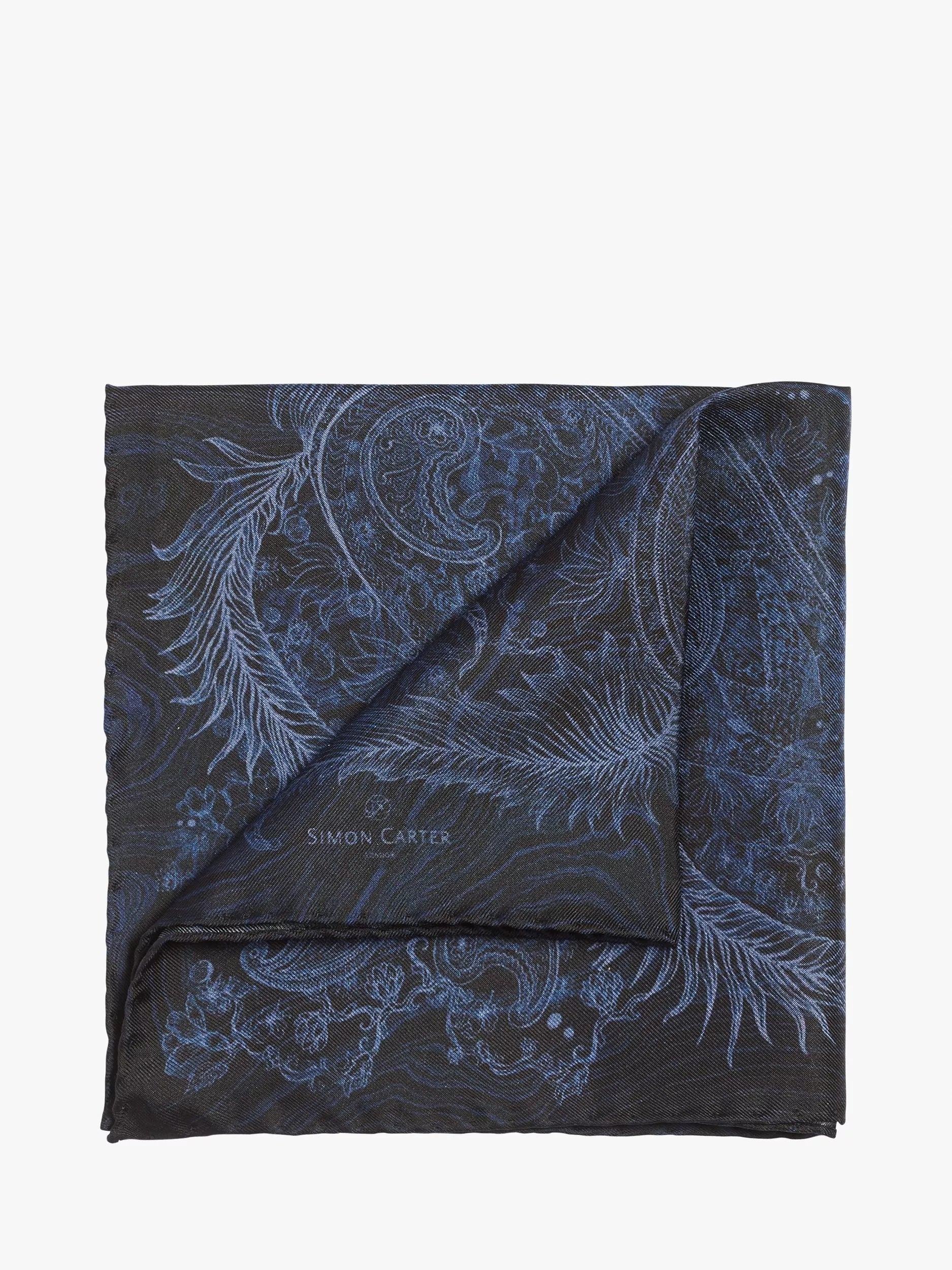 Simon Carter silk pocket square navy paisley pattern, imported from the UK