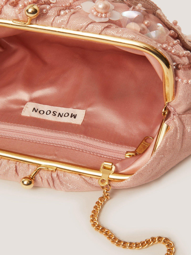 Monsoon Flora embroidered clutch bag in pink, imported from the UK