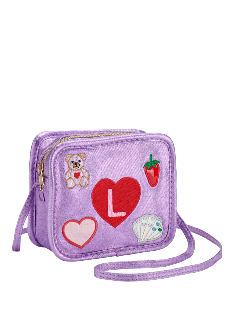 Stych purple kids crossbody bag with initial and teddy patches, UK version
