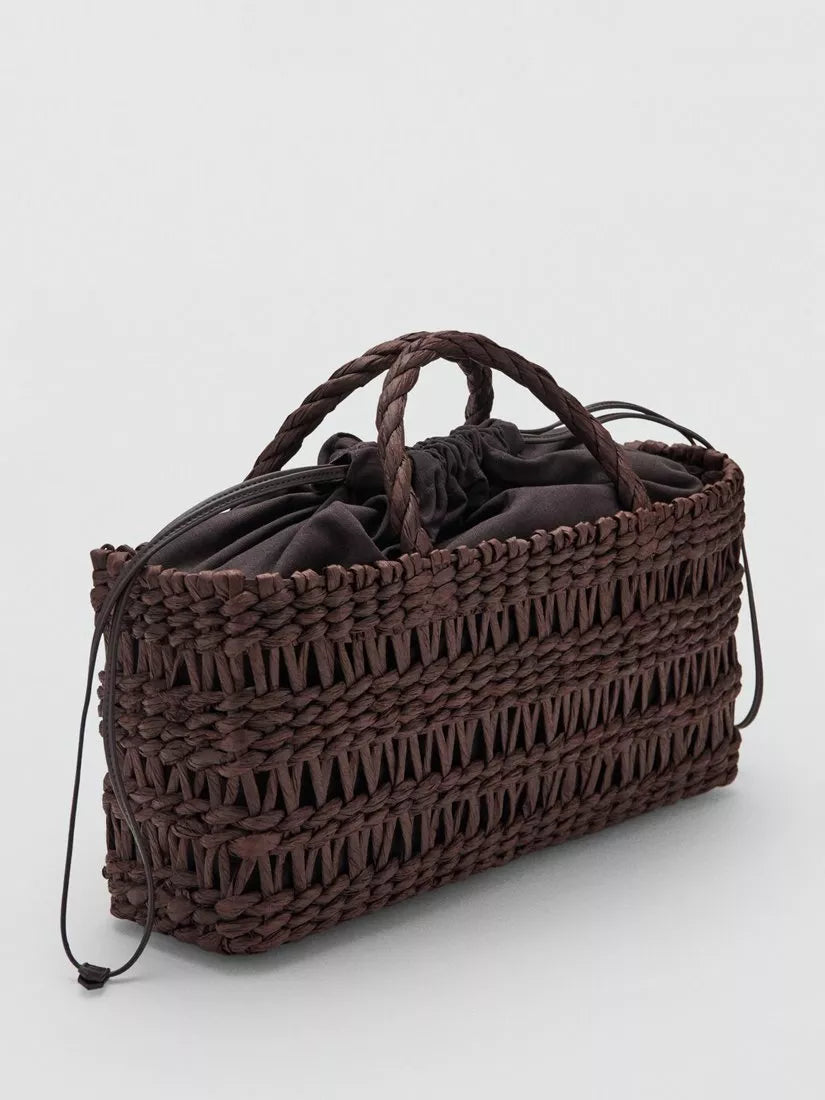 Mango woven paper tote bag in chocolate, UK version