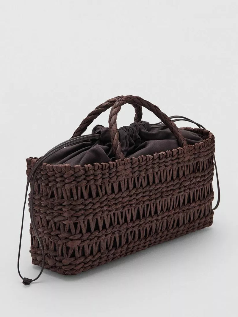 Mango woven paper tote bag in chocolate, UK version