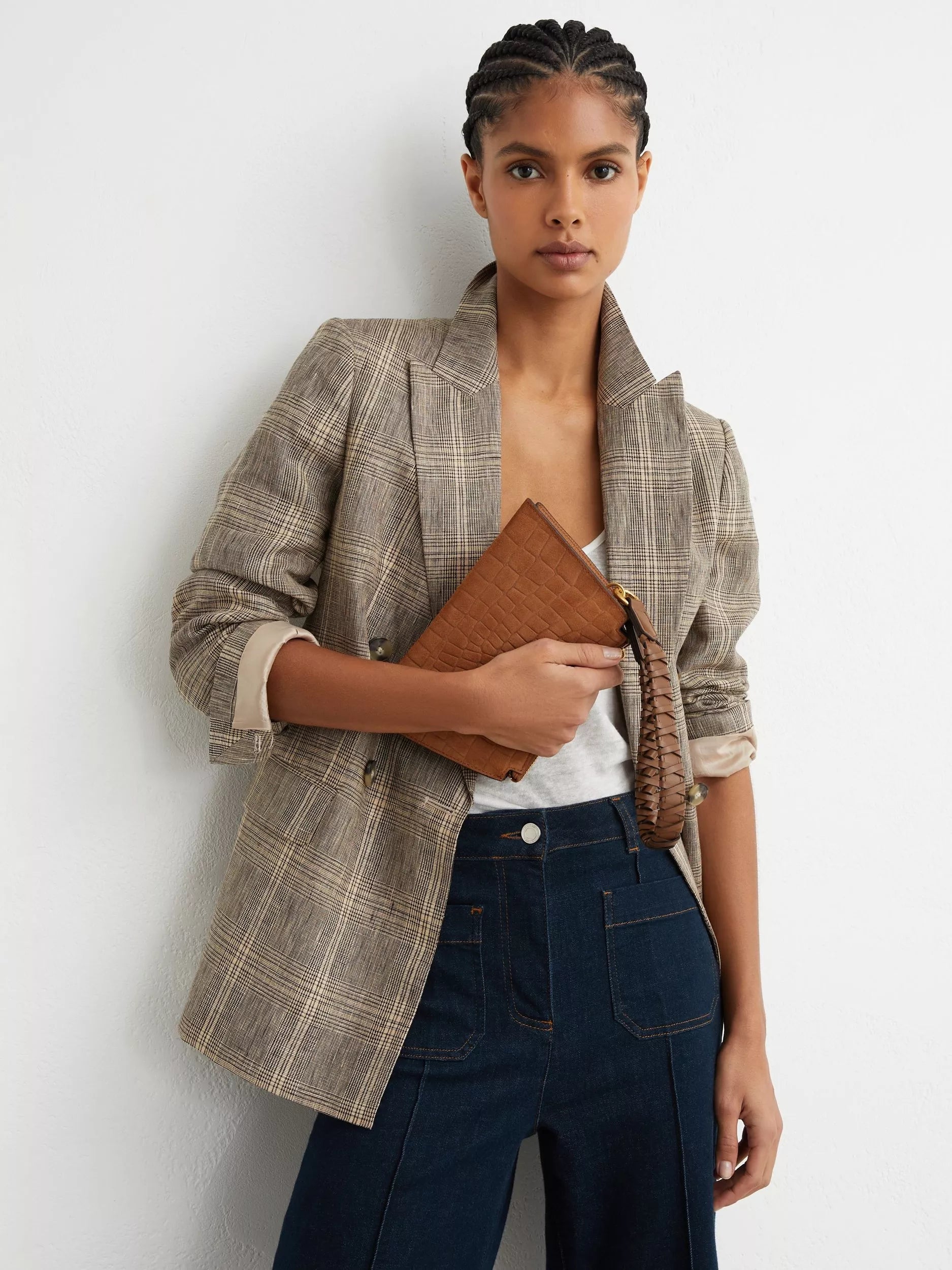 Reiss croc embossed top handle bag in tan, UK version