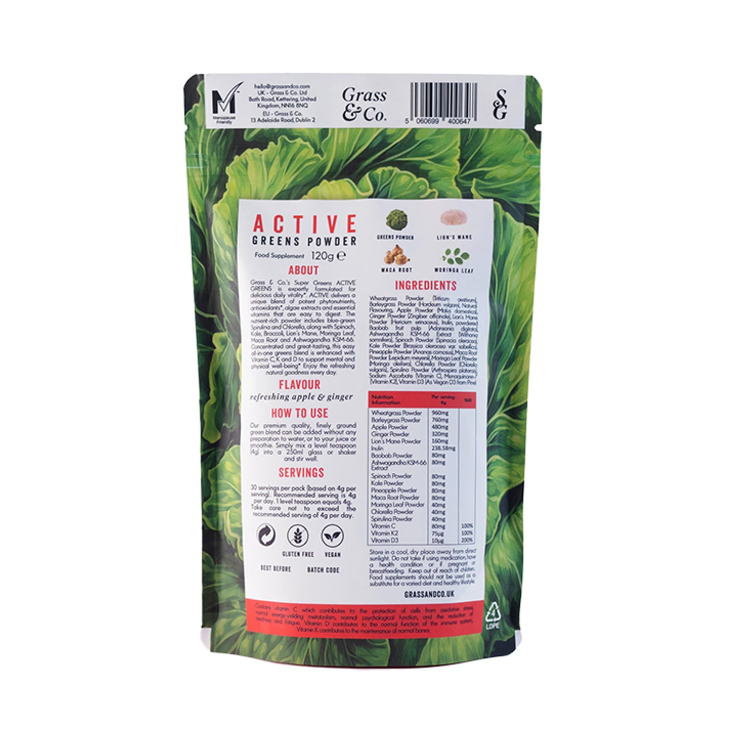 Grass & Co ACTIVE Super Greens Powder 120g, imported from the UK