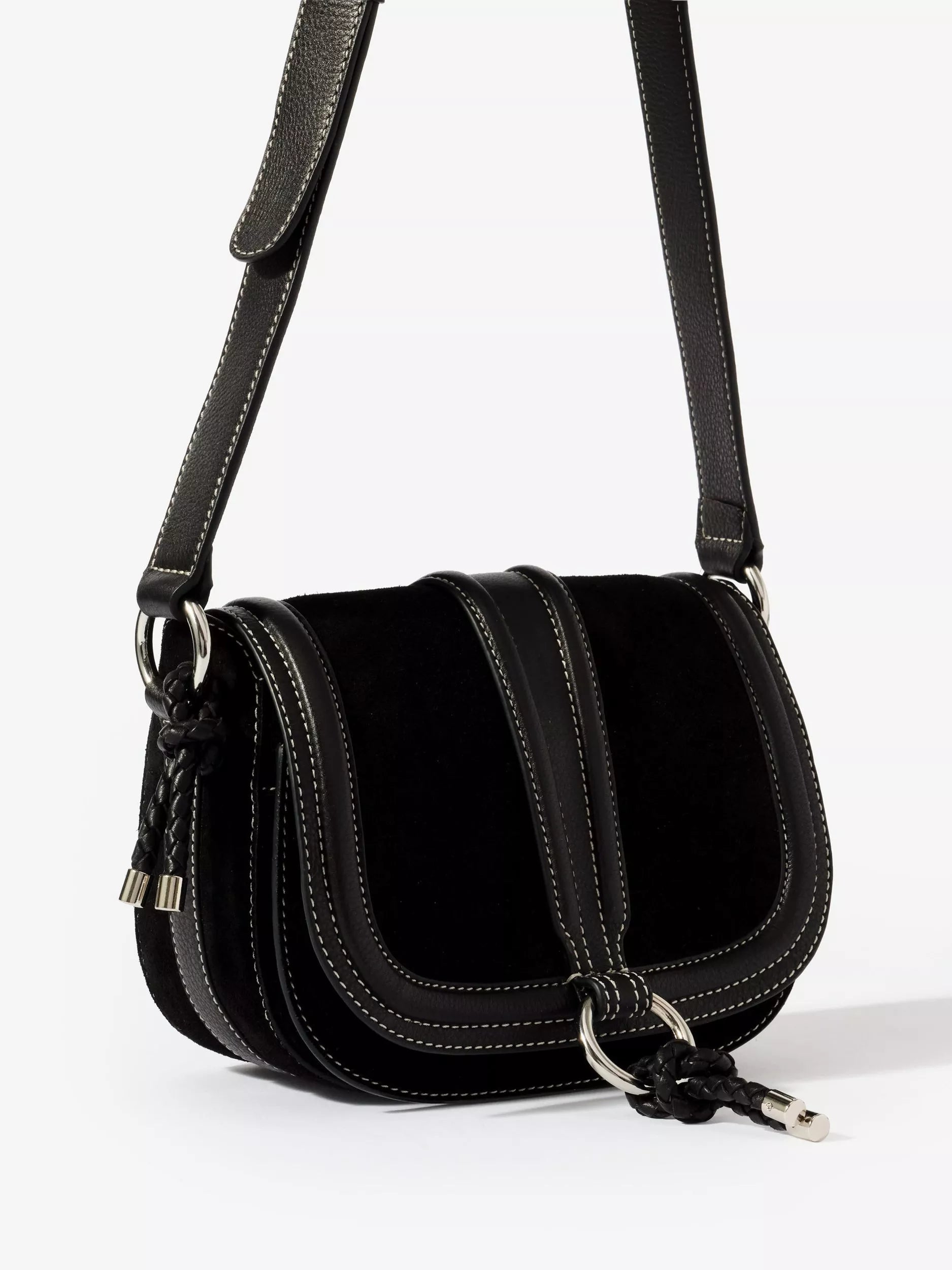 Mint Velvet suede saddle bag black, imported from the UK