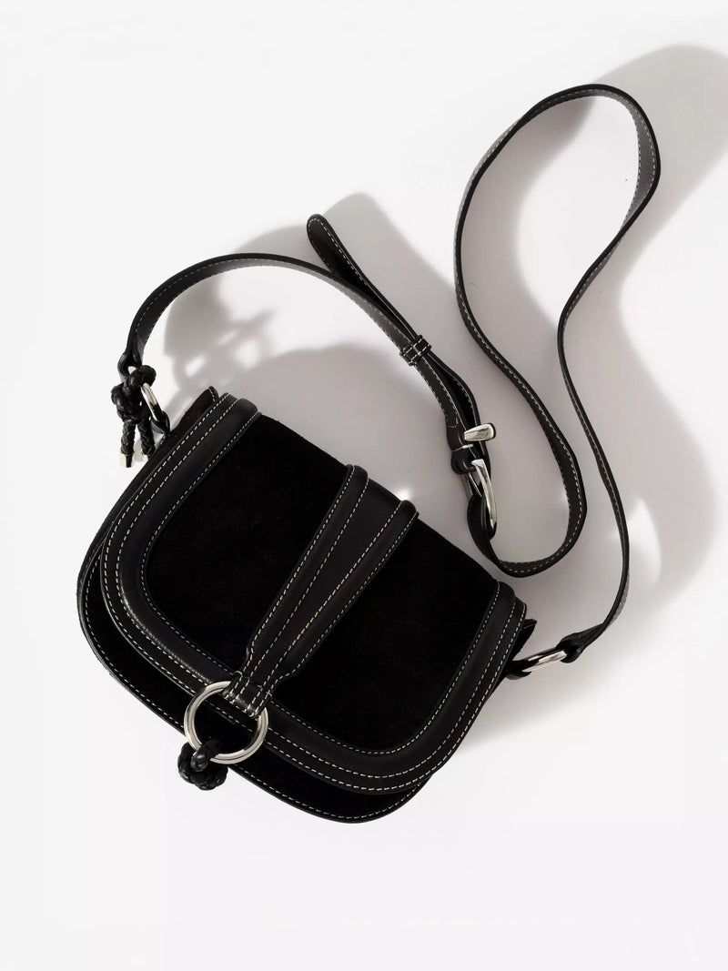 Mint Velvet suede saddle bag black, imported from the UK